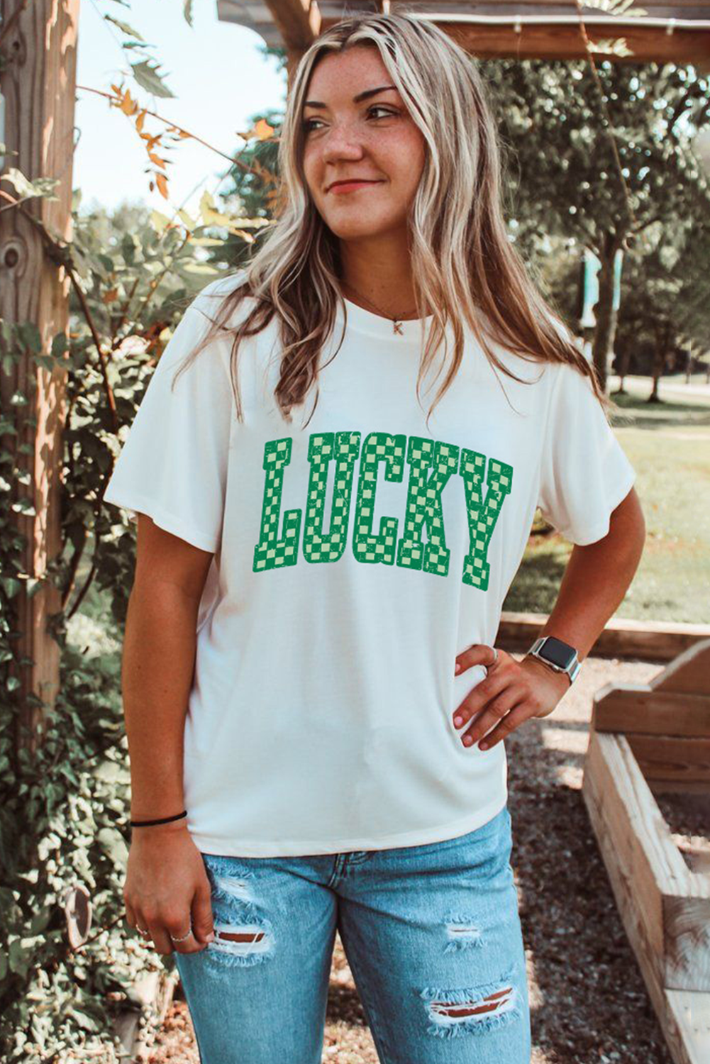 White Checkerboard LUCKY Graphic St Patrick Tee-Graphic Tees-[Adult]-[Female]-2022 Online Blue Zone Planet