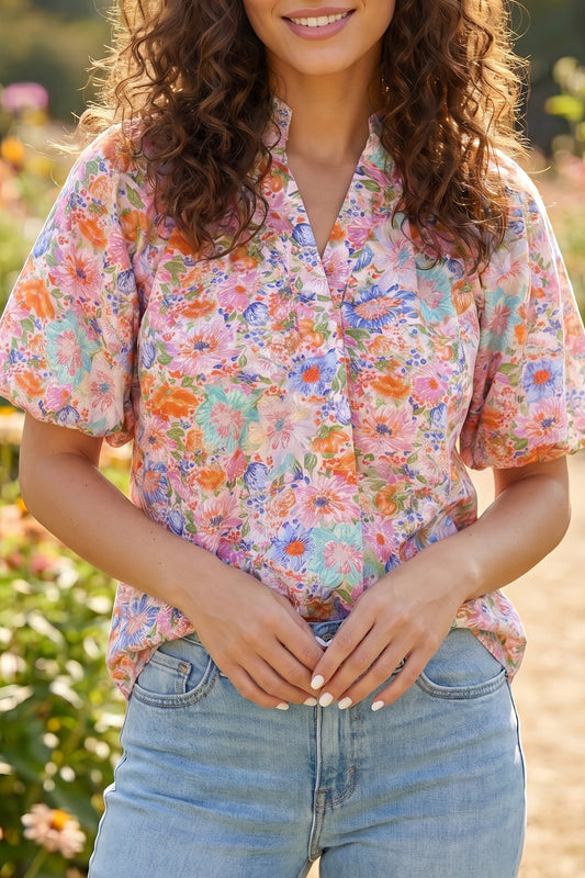 Pink Floral Print V Neck Short Sleeve Shift Blouse-Tops/Blouses & Shirts-[Adult]-[Female]-Pink-S-2022 Online Blue Zone Planet