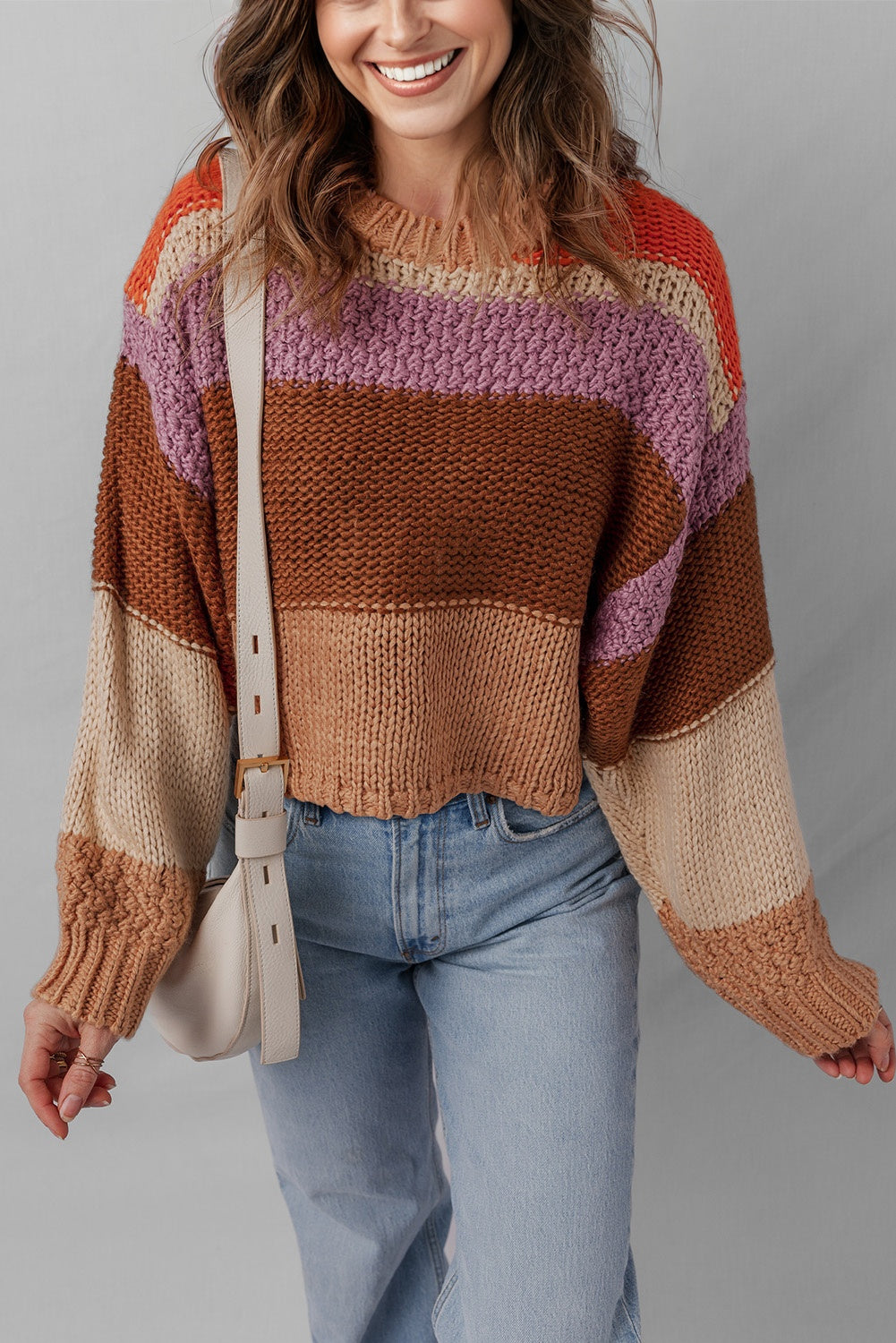 Multicolour Cropped Colorblock Drop Shoulder Knitted Sweater-TOPS / DRESSES-[Adult]-[Female]-2022 Online Blue Zone Planet