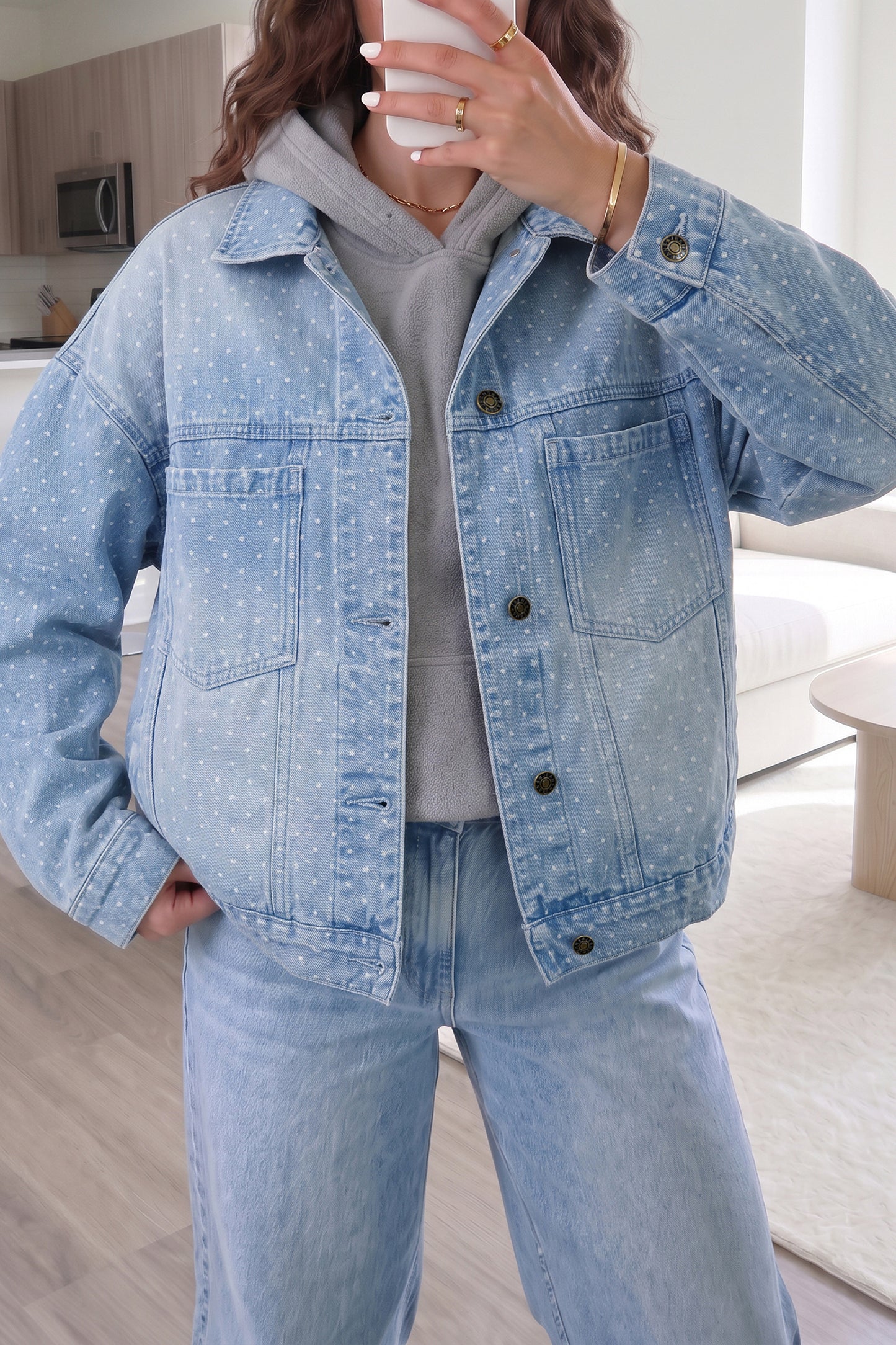 Sky Blue Polka Dot Long Sleeve Collar Pocket Casual Shift Silhouette Denim Jacket