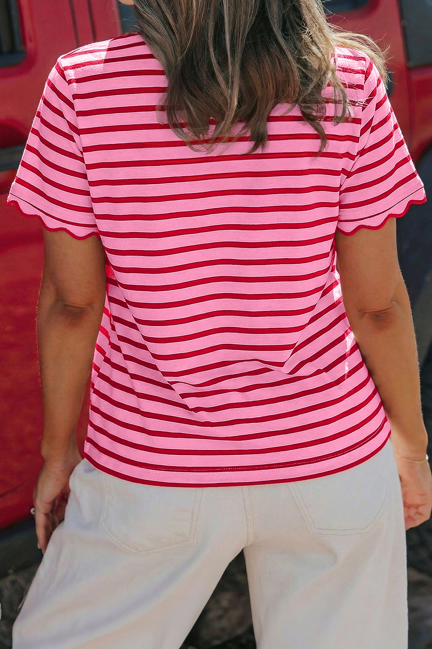 Pink Stripe Scalloped Trim Round Neck T Shirt-Tops/Tops & Tees-[Adult]-[Female]-2022 Online Blue Zone Planet