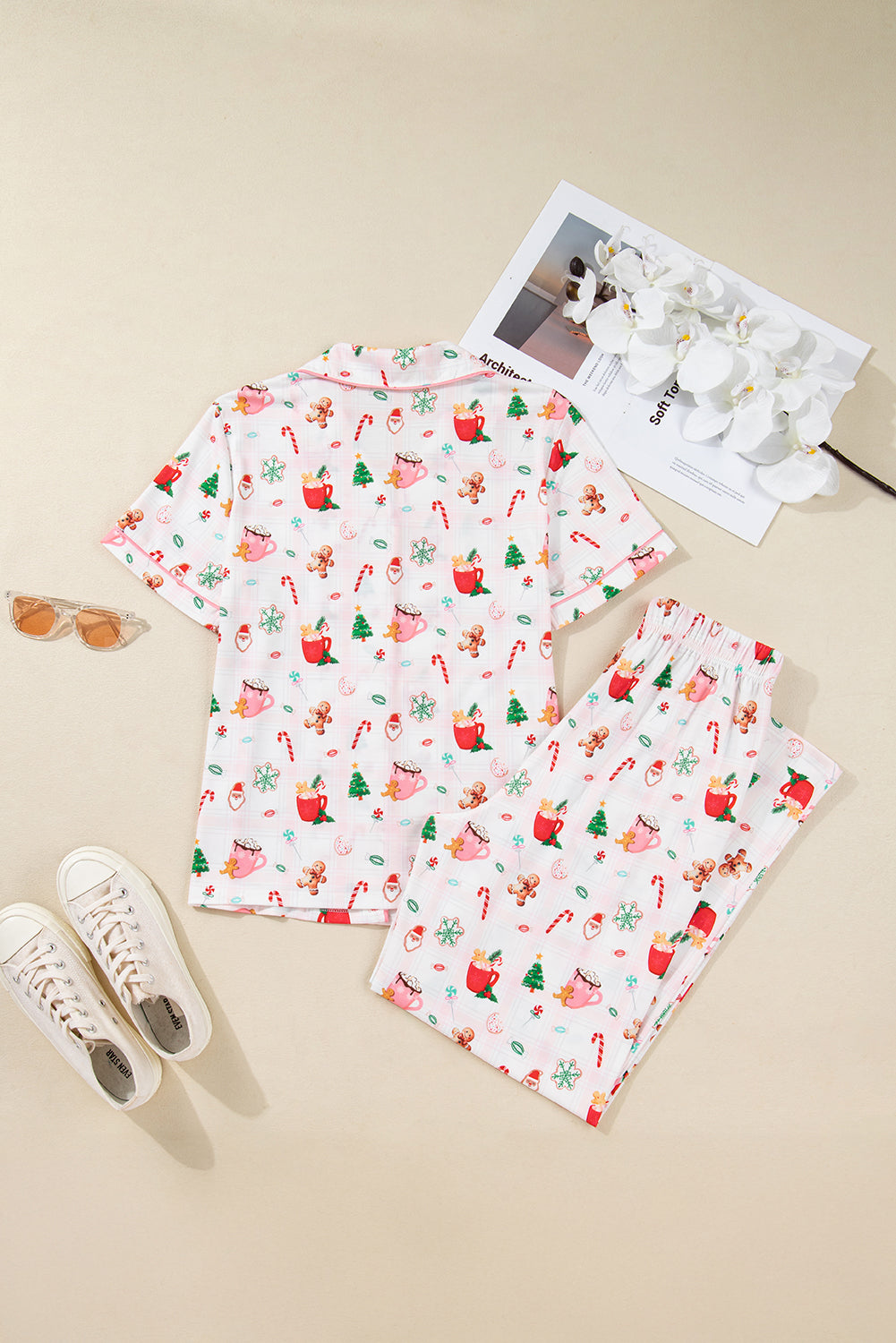 Pink Christmas Spirit Cute Holiday Print Short Sleeve Shirt and Pants Pajama Set-Loungewear Set-[Adult]-[Female]-2022 Online Blue Zone Planet