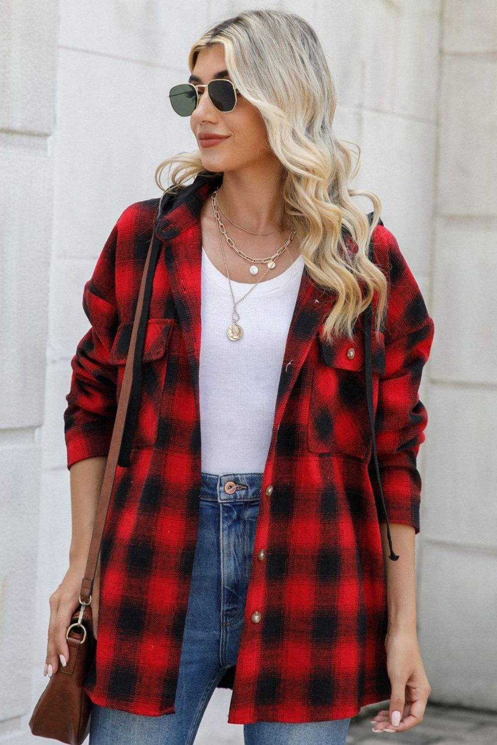 Drawstring Plaid Long Sleeve Hooded Shacket-TOPS / DRESSES-[Adult]-[Female]-Deep Red-S-2022 Online Blue Zone Planet