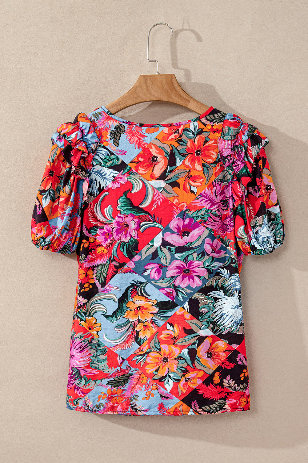 Multicolour Floral Print Ruffle Trim Bubble Sleeve Split Neck Blouse-Tops/Blouses & Shirts-[Adult]-[Female]-2022 Online Blue Zone Planet