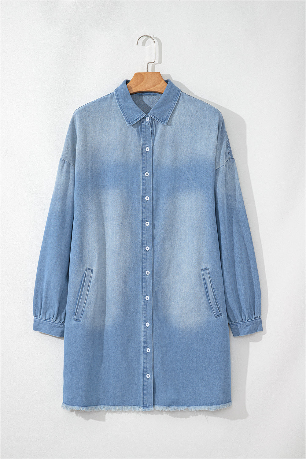 Beau Blue Risen Medium Washed Denim Shirt Dress-Dresses/Mini Dresses-[Adult]-[Female]-2022 Online Blue Zone Planet