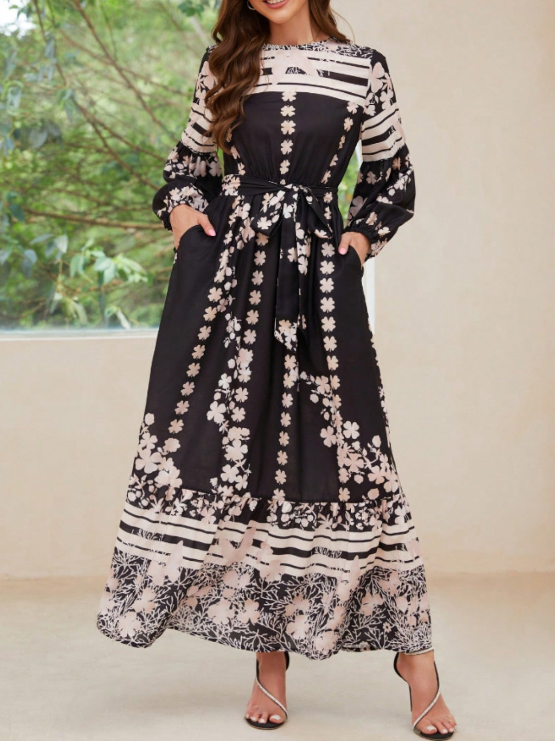 knee length dresses for ladies Printed Round Neck Long Sleeve Maxi Dress with Pockets Black / L