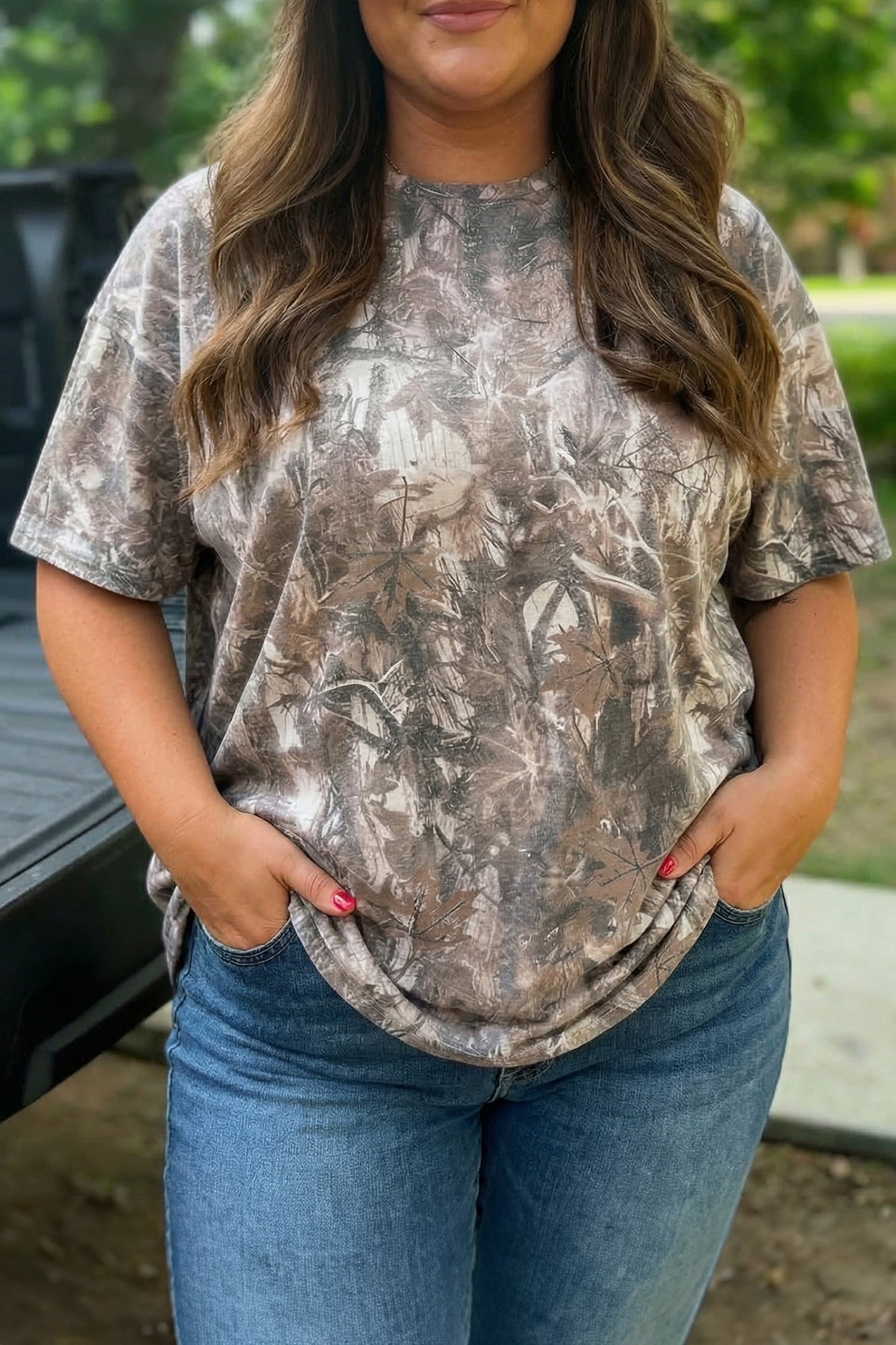 Khaki Plus Size Woodland Camouflage Print T Shirt-Plus Size/Plus Size Tops/Plus Size Tops & Tees-[Adult]-[Female]-Khaki-1X-2022 Online Blue Zone Planet