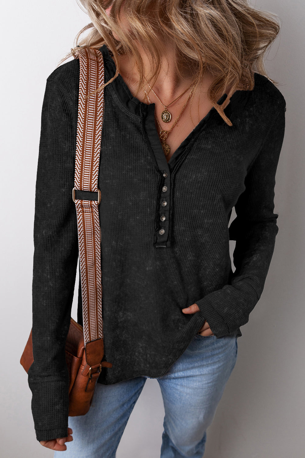 Black Acid Wash Waffle Knit Buttoned Neckline Long Sleeve Top-Tops/Long Sleeve Tops-[Adult]-[Female]-Black-S-2022 Online Blue Zone Planet