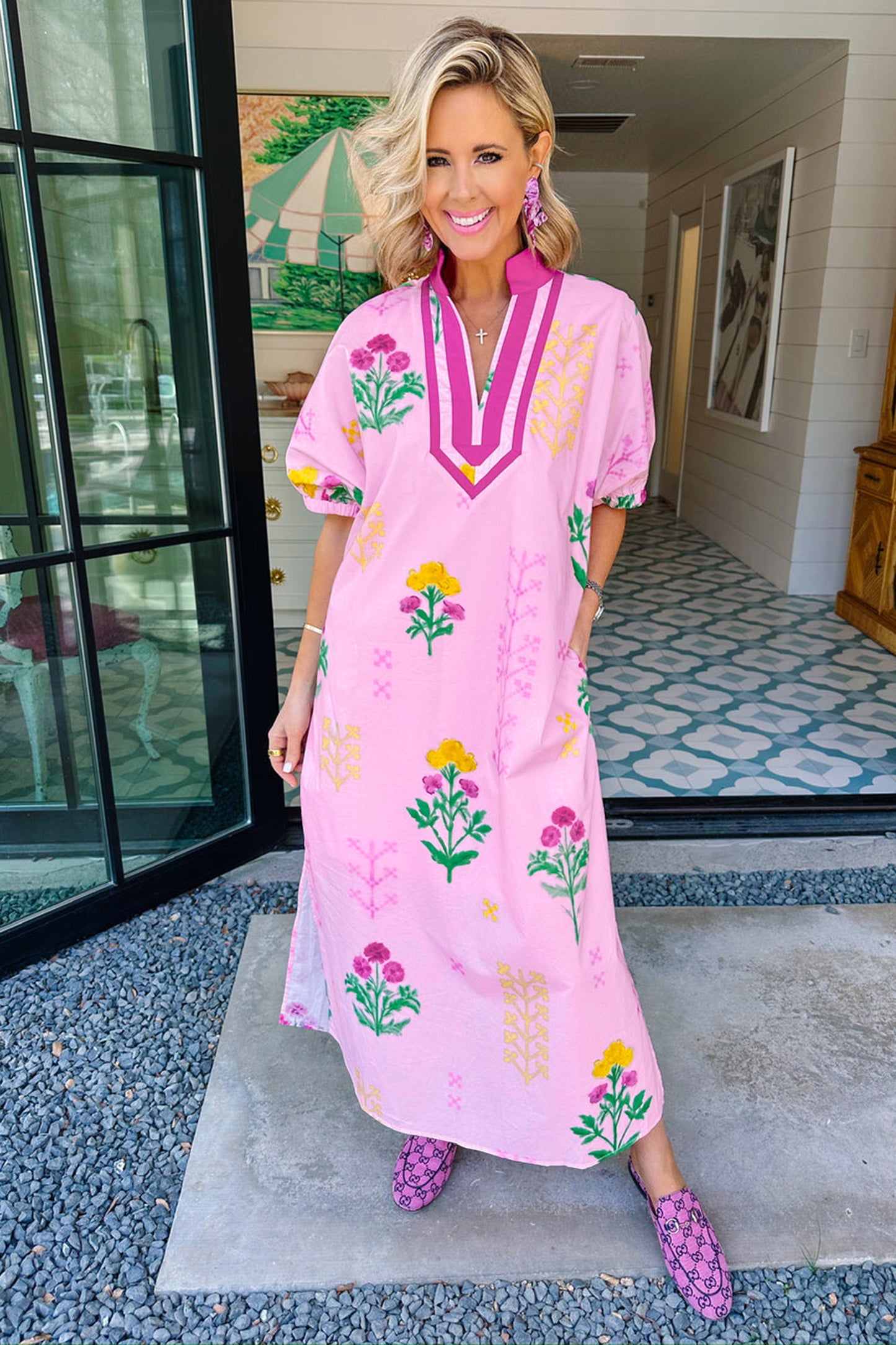 Pink Floral Print Short Sleeve Colorblcok Trim V Neck Midi Dress-Dresses/Floral Dresses-[Adult]-[Female]-2022 Online Blue Zone Planet