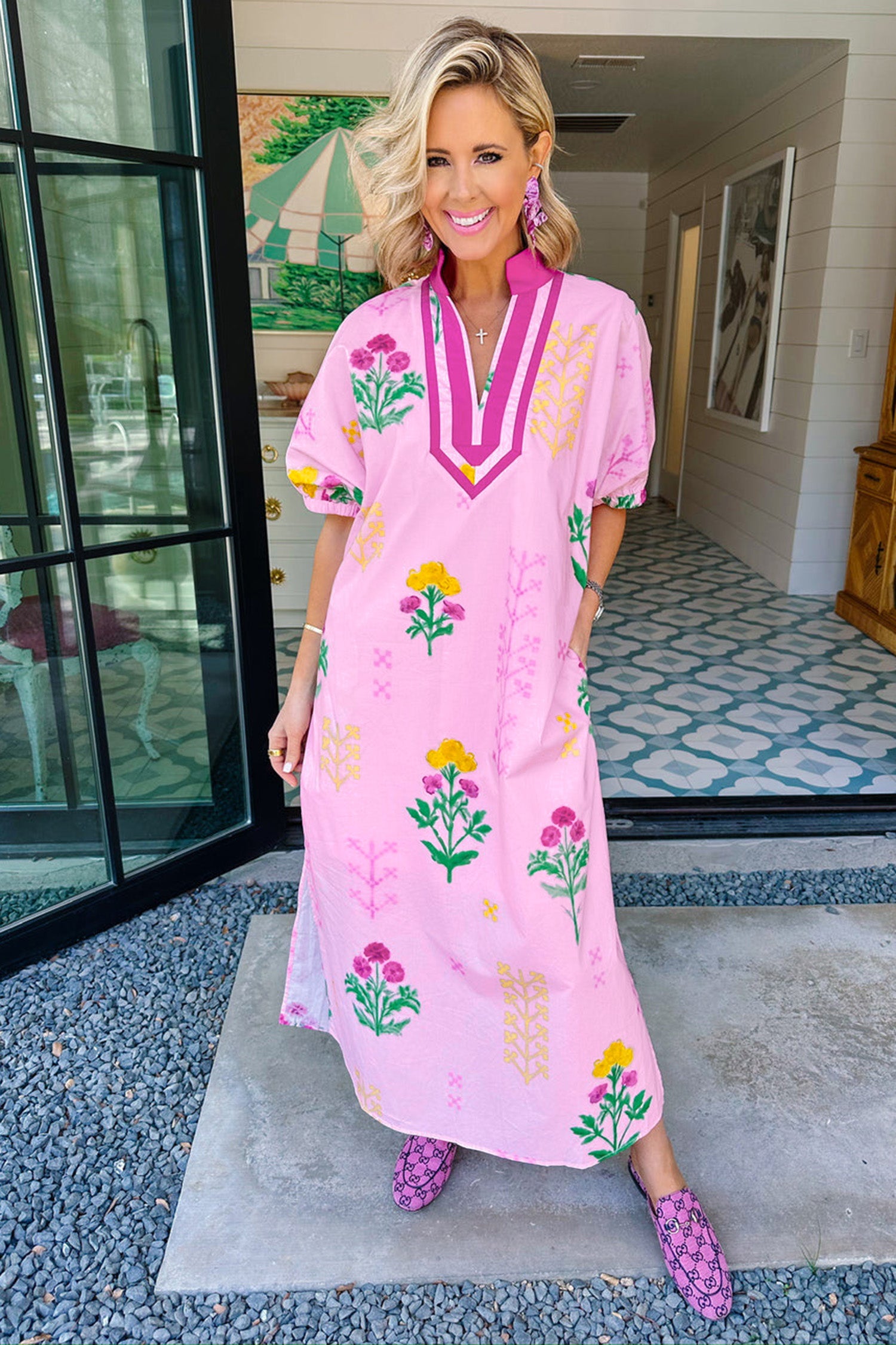 Pink Floral Print Short Sleeve Colorblcok Trim V Neck Midi Dress-Dresses/Floral Dresses-[Adult]-[Female]-2022 Online Blue Zone Planet