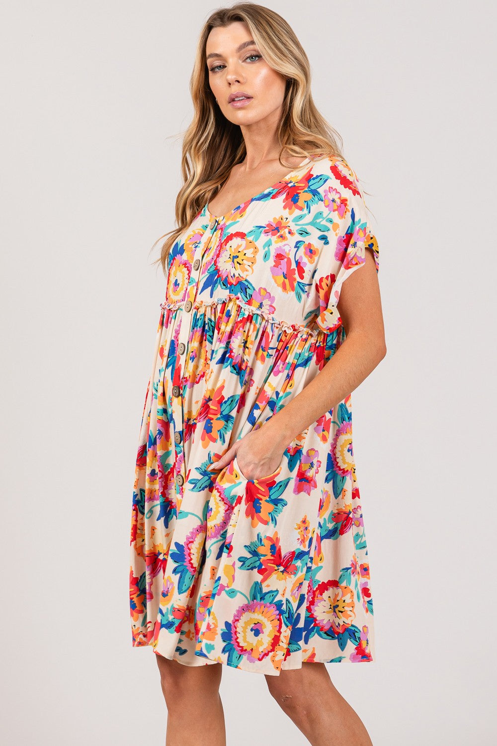 SAGE + FIG Full Size Floral Button-Down Short Sleeve Dress-TOPS / DRESSES-[Adult]-[Female]-2022 Online Blue Zone Planet