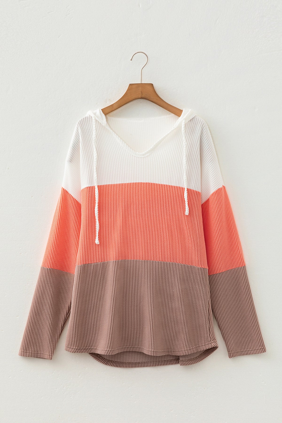 Gold Flame Ribbed Colorblock Hooded Pullover Long Sleeve Top-Tops / Dresses-[Adult]-[Female]-2022 Online Blue Zone Planet