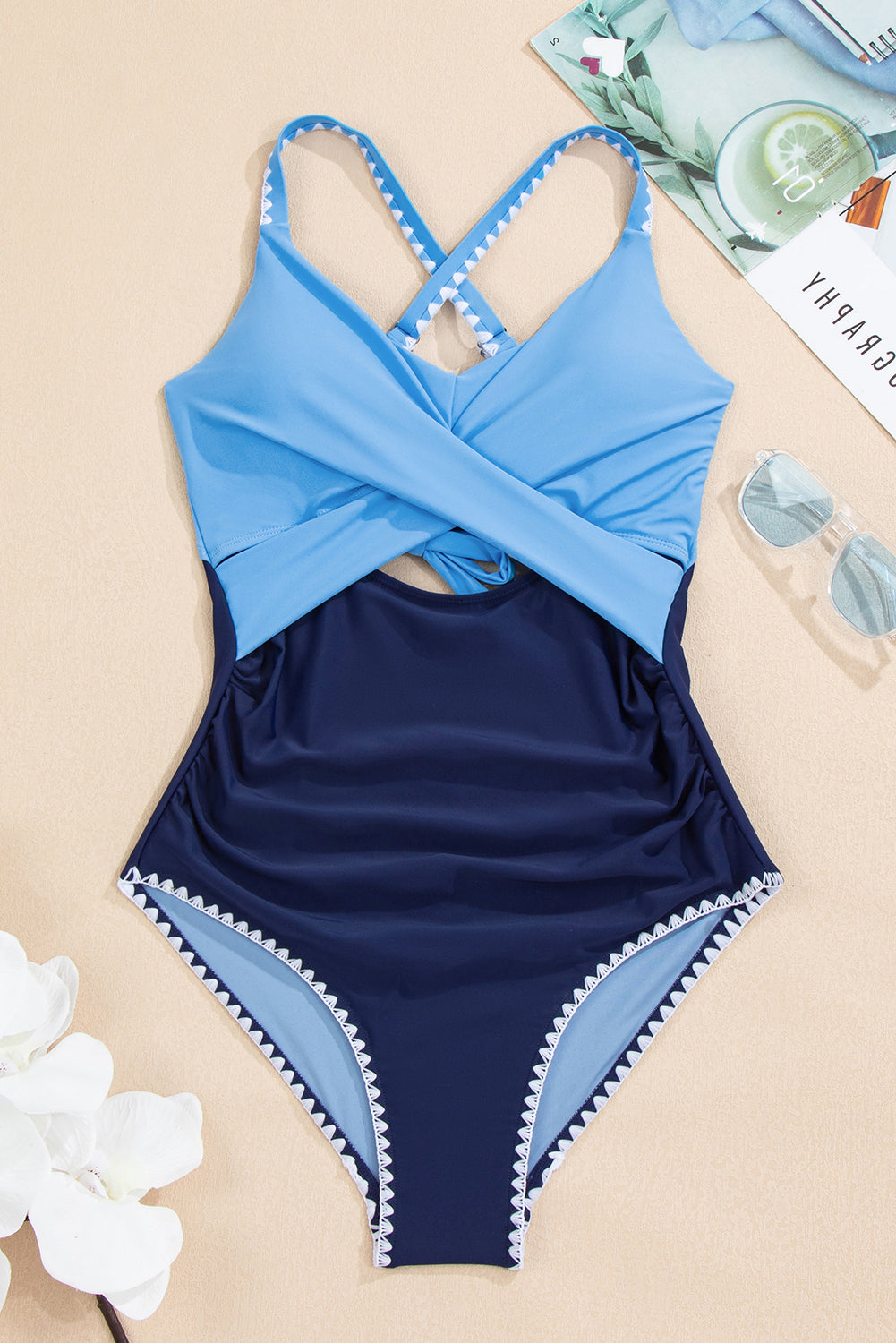 Black Ric Rac Trim Contrasted Patchwork Cutout One Piece Swimsuit-Swimwear/One Piece Swimsuit-[Adult]-[Female]-2022 Online Blue Zone Planet