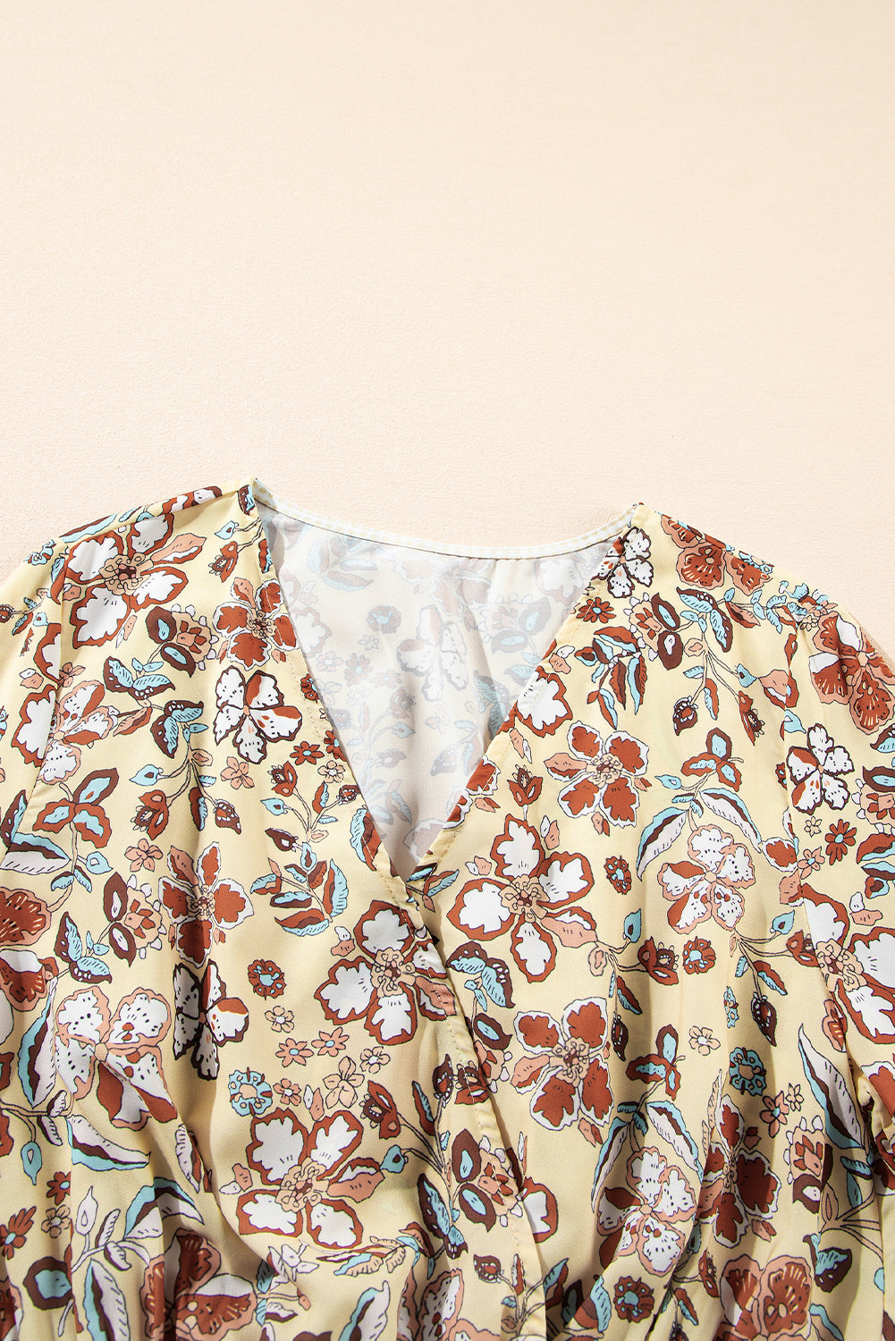 Blue Zone Planet | Yellow Printed Floral Bell Sleeve V Neck Wrapped Contrast Peplum Blouse-Tops/Blouses & Shirts-[Adult]-[Female]-2022 Online Blue Zone Planet