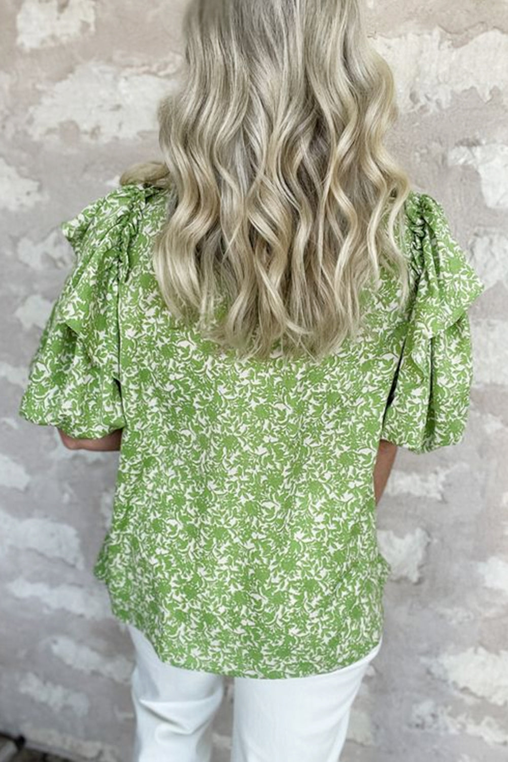 Light Green Floral Ruffle Puff Short Sleeve Frilled Collar V Neck Blouse-Tops/Blouses & Shirts-[Adult]-[Female]-2022 Online Blue Zone Planet