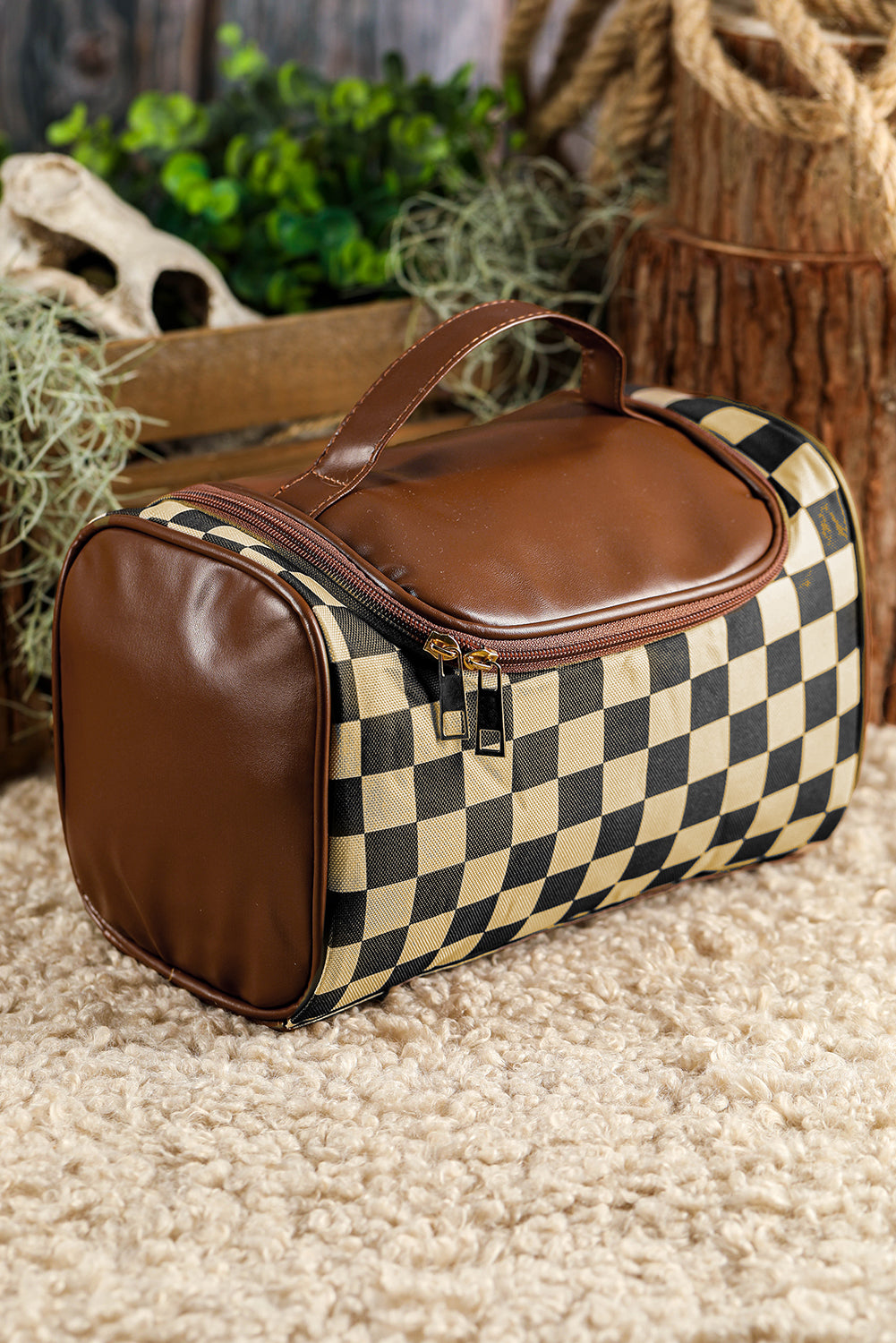Black Checkered PU Leather Zipper Makeup Bag-Shoes & Bags/Makeup Bags-[Adult]-[Female]-2022 Online Blue Zone Planet