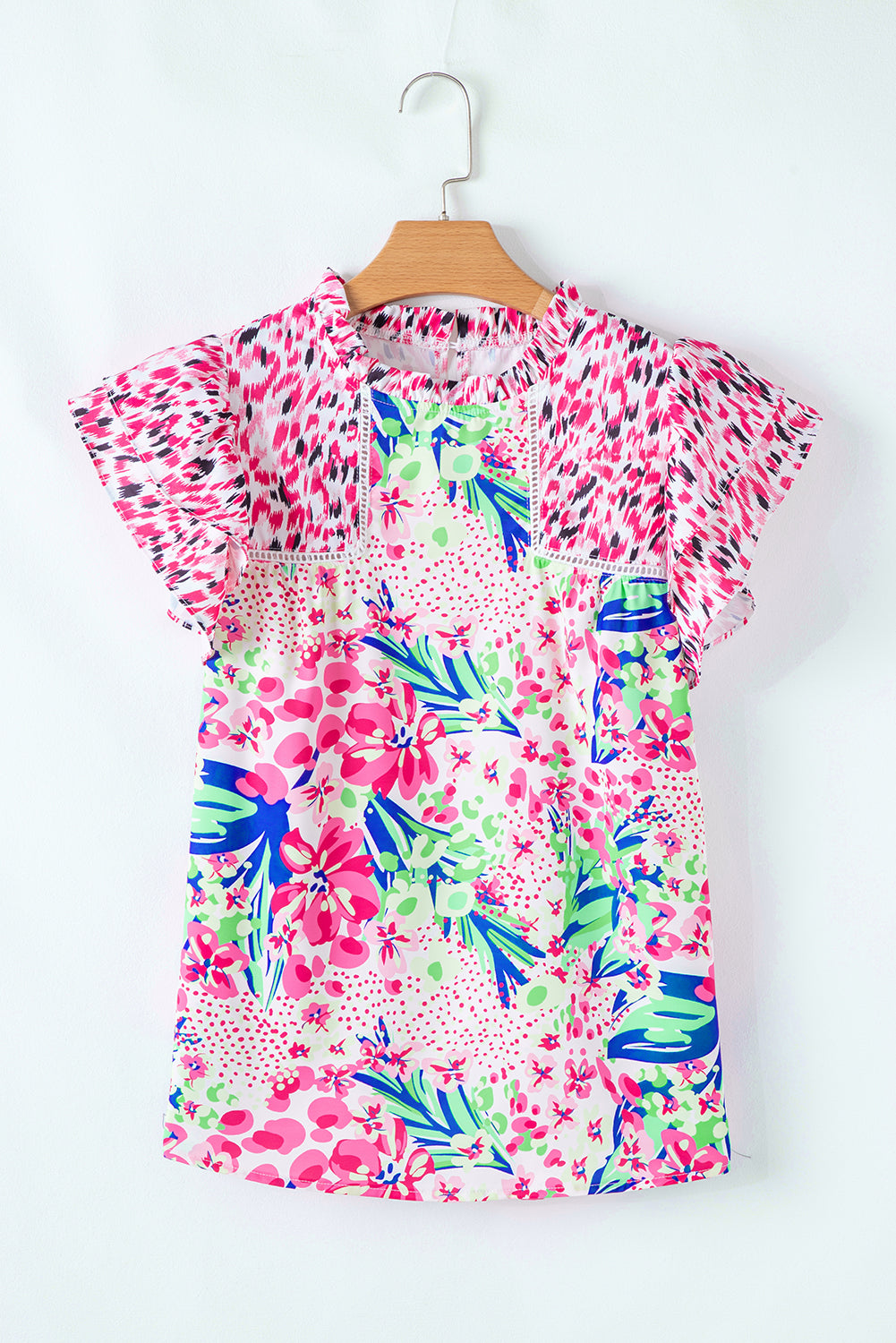 Pink Floral Mixed Print Ruffle Cap Sleeve Blouse-Tops/Blouses & Shirts-[Adult]-[Female]-2022 Online Blue Zone Planet