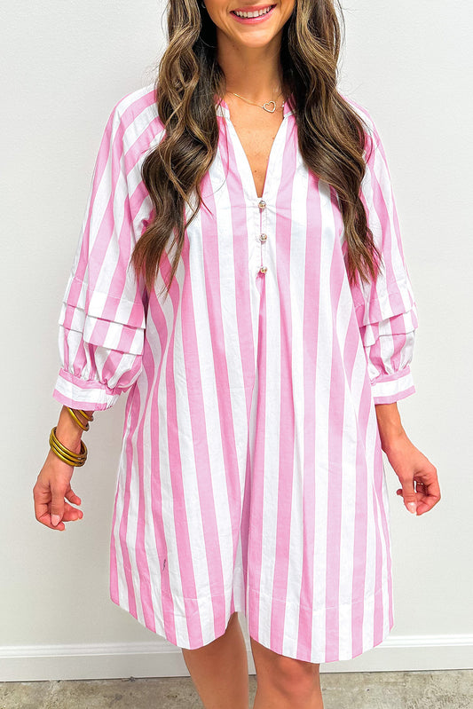 Rose Stripe Bracelet Sleeve Buttons Loose Mini Dress-Bracelet-[Adult]-[Female]-2022 Online Blue Zone Planet