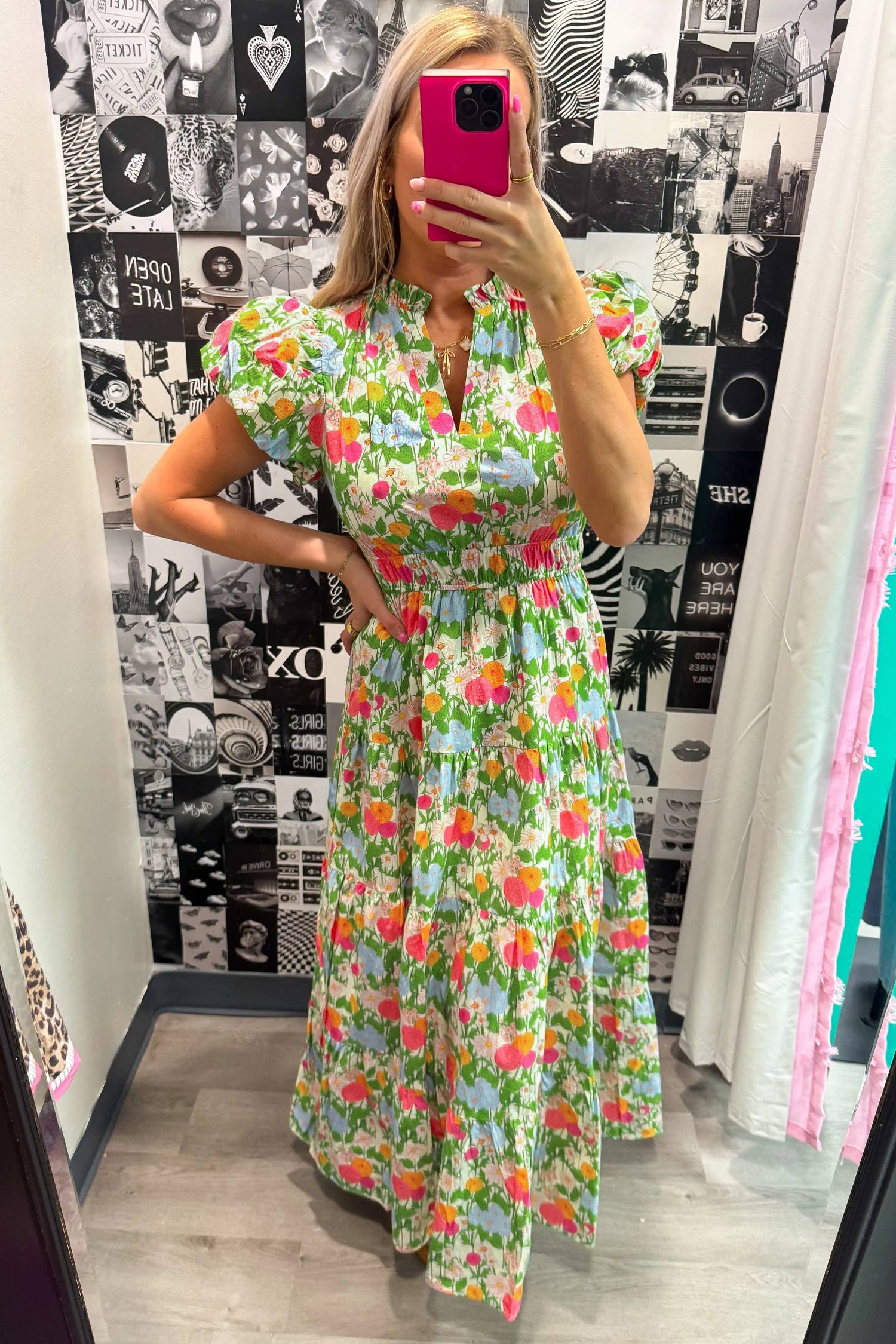 Green Floral Print V Neck Short Puff Sleeve Cotton Maxi Dress-Dresses/Floral Dresses-[Adult]-[Female]-2022 Online Blue Zone Planet