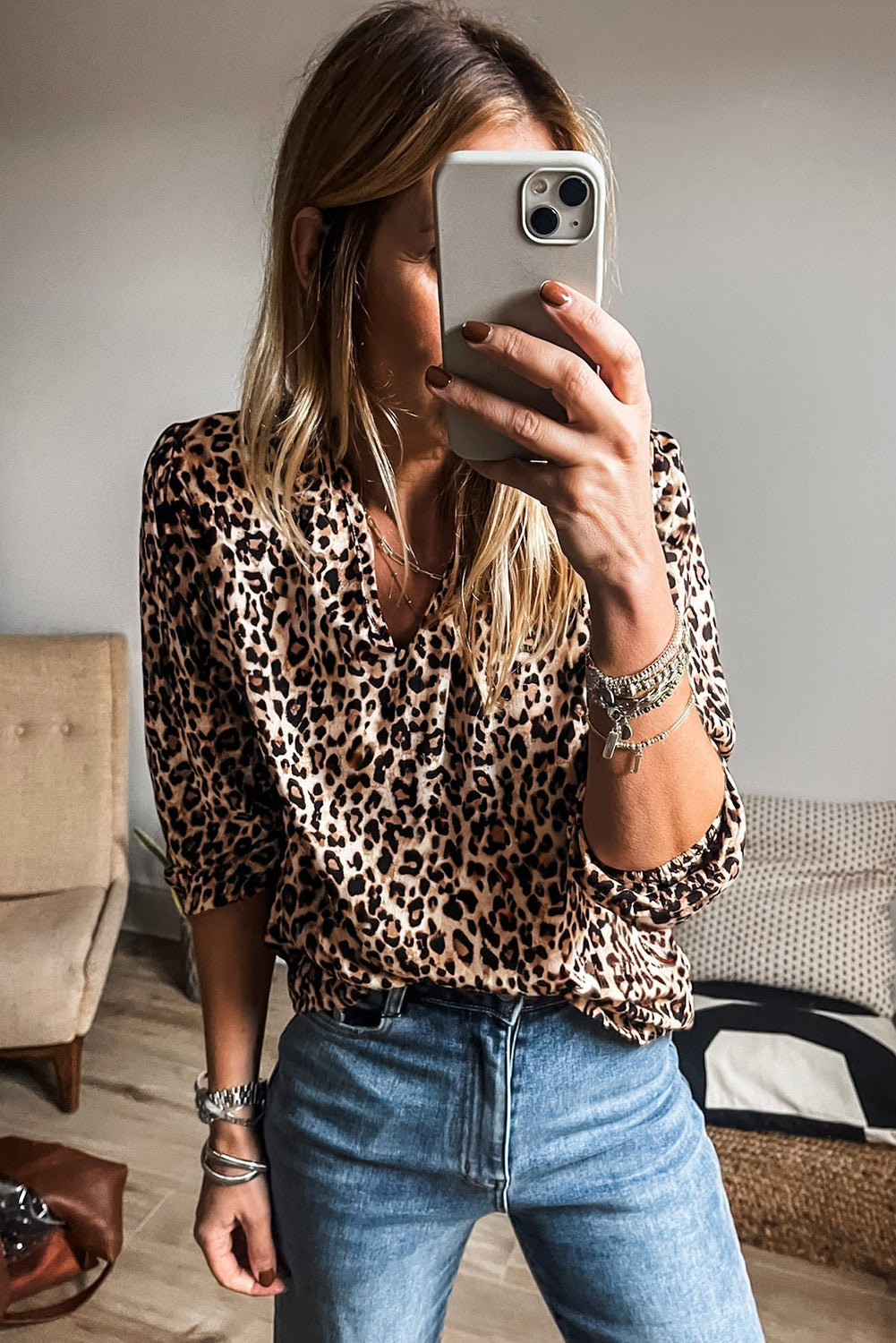 Apricot Leopard V Neck Half Sleeve Blouse-Tops/Blouses & Shirts-[Adult]-[Female]-2022 Online Blue Zone Planet