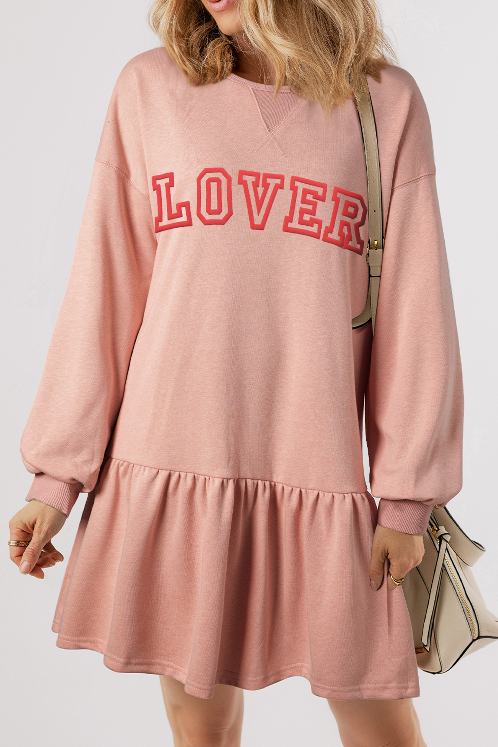 Dusty Pink LOVER Letter Long Sleeve Ruffle Hem Dress-Graphic Apparel-[Adult]-[Female]-Dusty Pink-S-2022 Online Blue Zone Planet