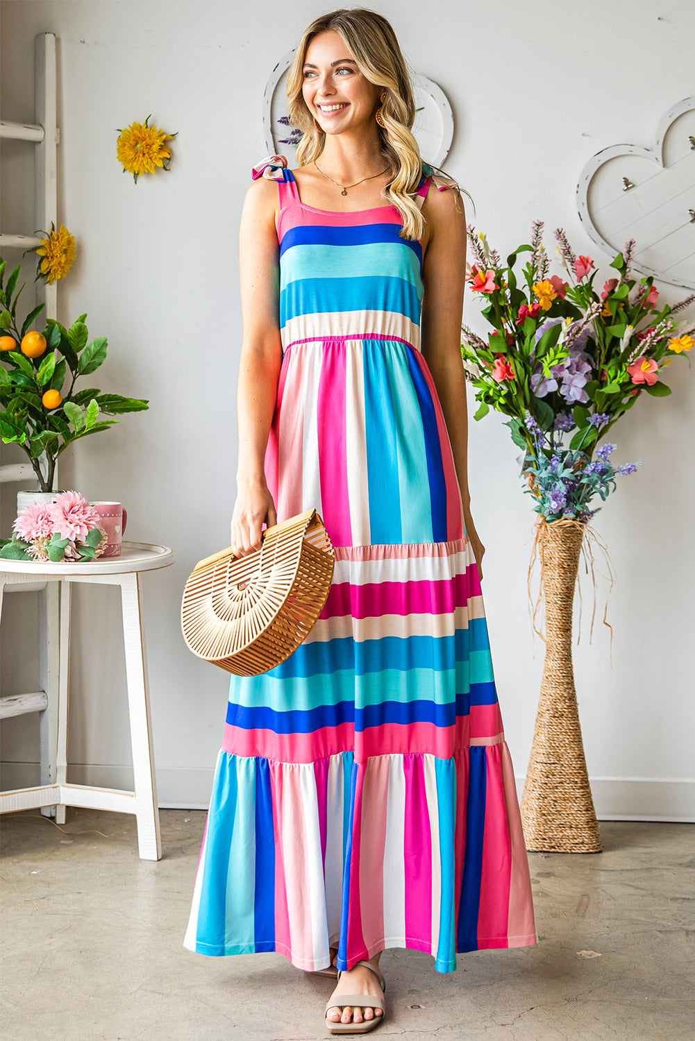 Multicolor Striped Print Bow Knot Straps Sleeveless Maxi Dress-Maxi Dresses-[Adult]-[Female]-2022 Online Blue Zone Planet