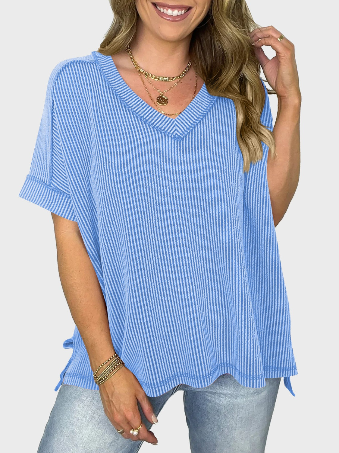 Blue Zone Planet | Lovelet Texture V-Neck Half Sleeve T-Shirt-TOPS / DRESSES-[Adult]-[Female]-2022 Online Blue Zone Planet