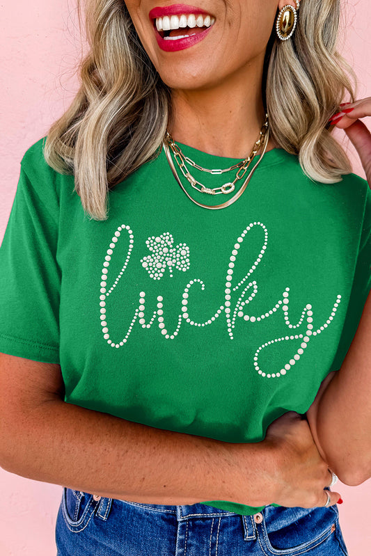 Bright Green Ceramic Rhinestone Lucky Clover Graphic Tee-Graphic/Graphic Tees-[Adult]-[Female]-Bright Green-S-2022 Online Blue Zone Planet