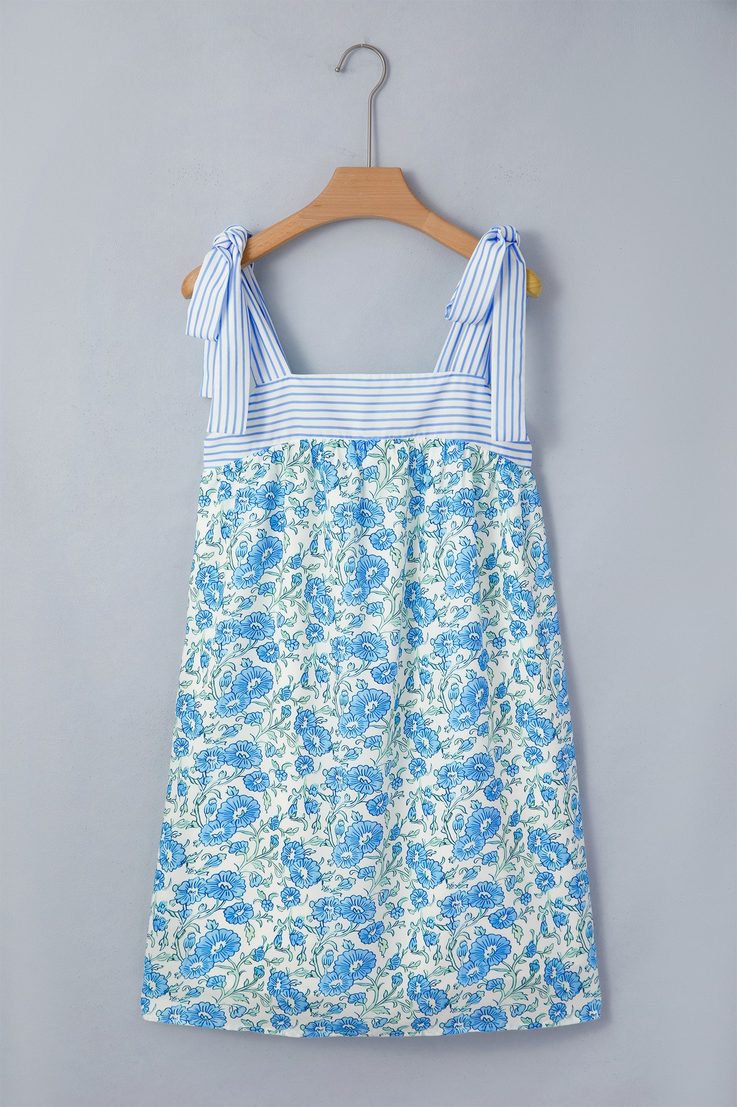 Sky Blue Floral Print Striped Patchwork Bow Knot Straps Mini Dress-TOPS / DRESSES-[Adult]-[Female]-2022 Online Blue Zone Planet