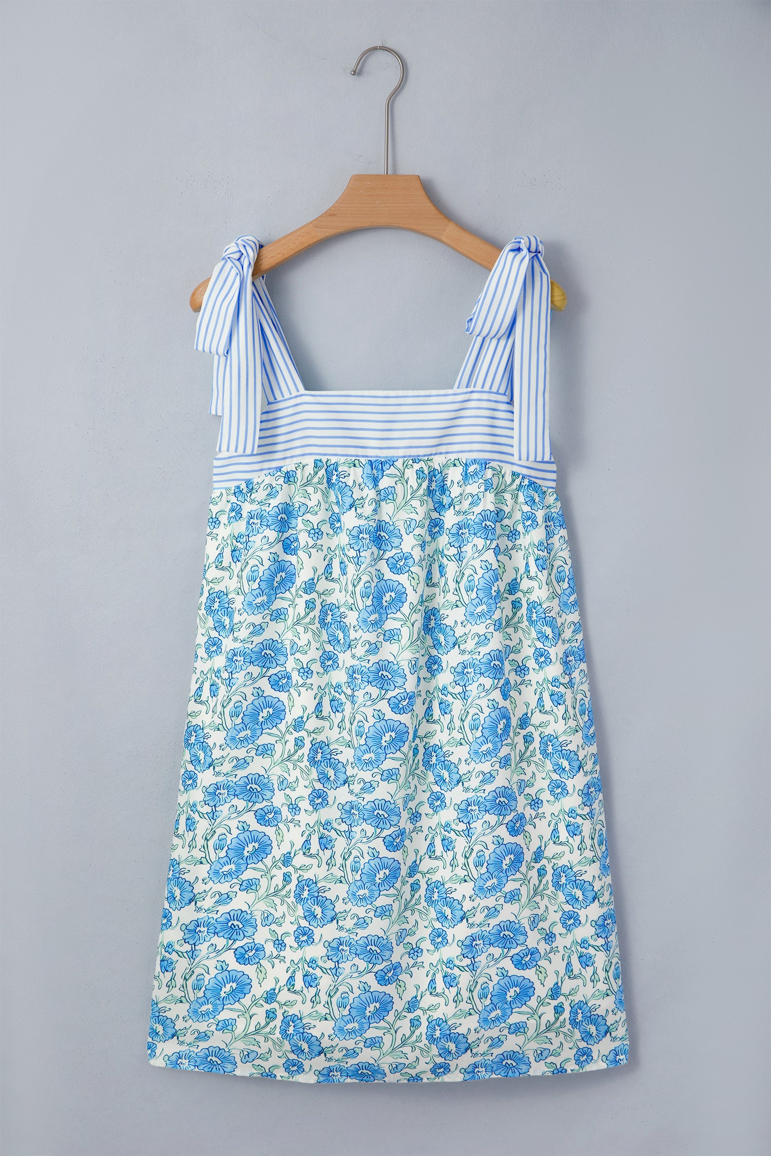 Sky Blue Floral Print Striped Patchwork Bow Knot Straps Mini Dress-TOPS / DRESSES-[Adult]-[Female]-2022 Online Blue Zone Planet