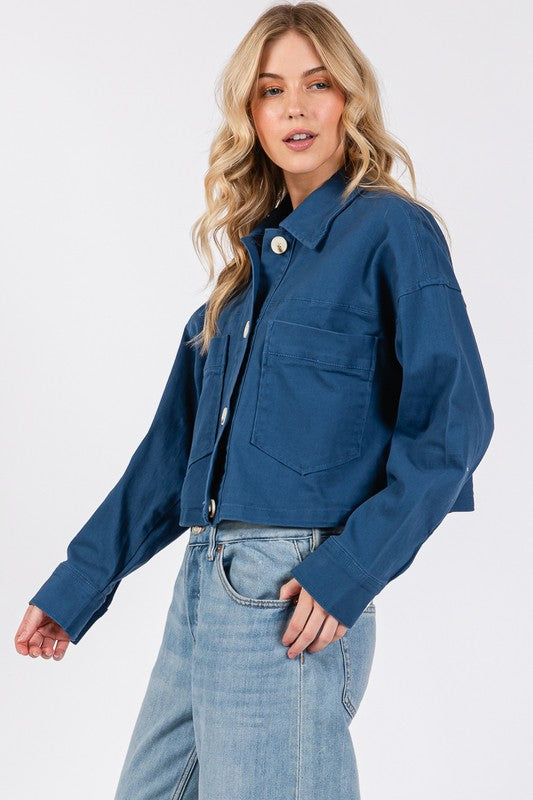 Blue Zone Planet | bytos Button Down Cropped Denim Jacket with Patch Pockets-TOPS / DRESSES-[Adult]-[Female]-2022 Online Blue Zone Planet