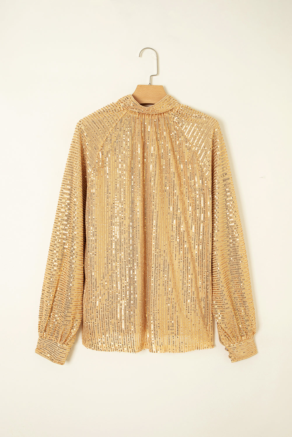 Gold Metallic Balloon Sleeve Buttoned High Neck Loose Blouse-Tops/Blouses & Shirts-[Adult]-[Female]-2022 Online Blue Zone Planet