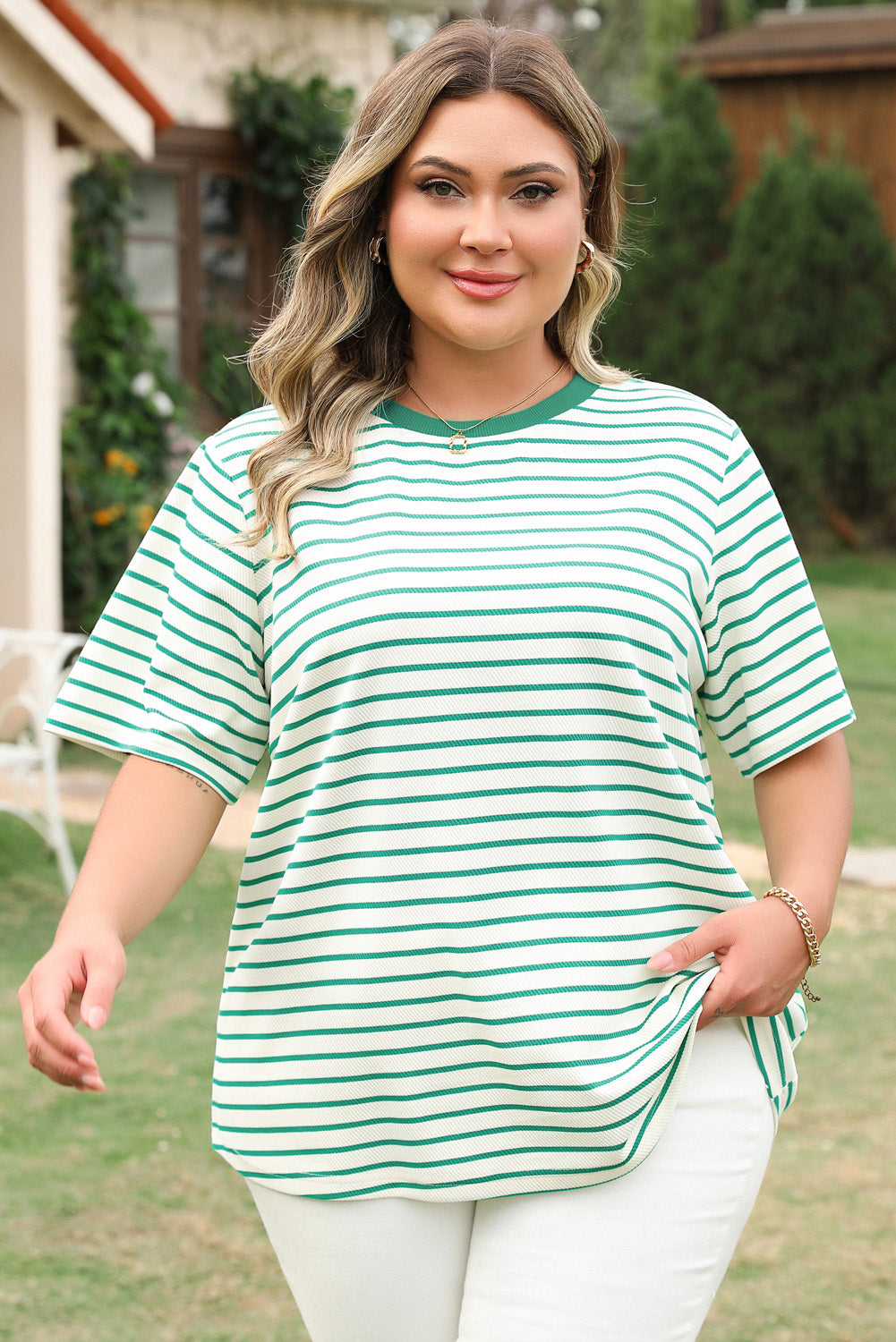 Green Stripe Plus Size St Patricks Day Round Neck T Shirt-Plus Size/Plus Size Tops/Plus Size Tops & Tees-[Adult]-[Female]-2022 Online Blue Zone Planet