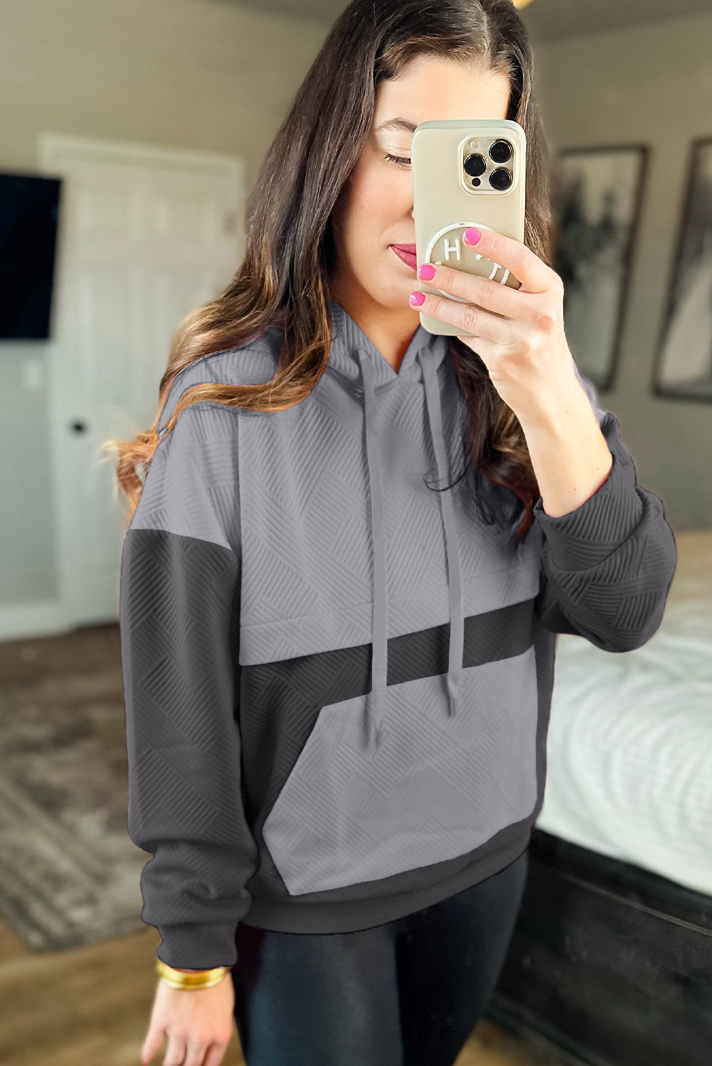 Gray Textured Color Block Kangaroo Pocket Drop Shoulder Hoodie-Tops/Sweatshirts & Hoodies-[Adult]-[Female]-2022 Online Blue Zone Planet