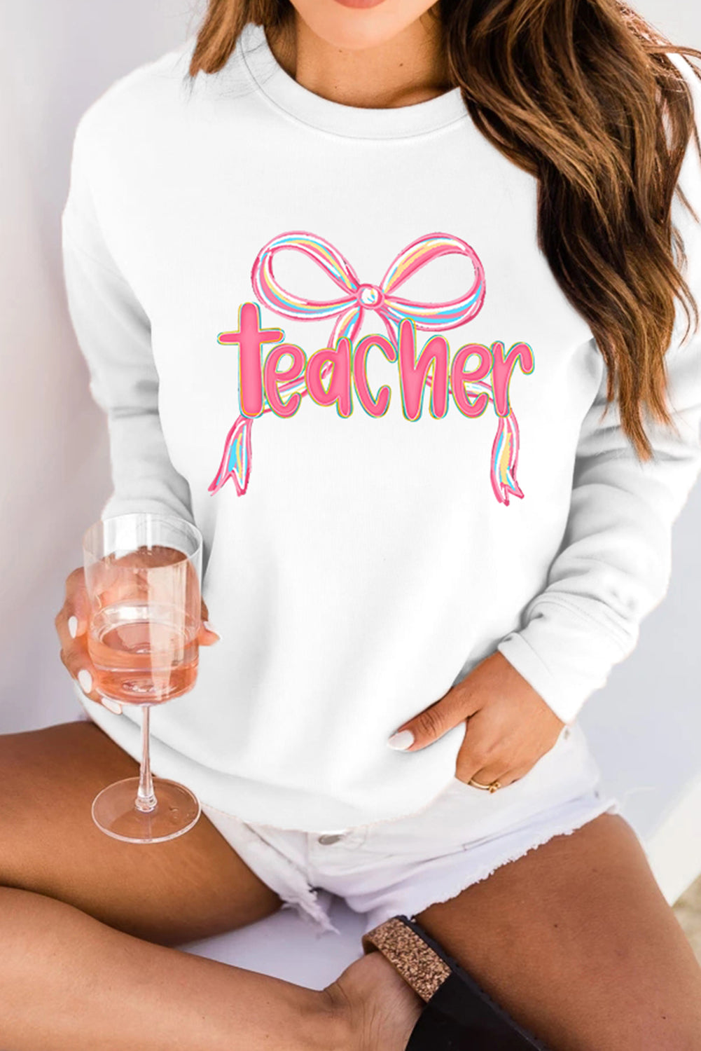 White Teacher Bow Png Graphic Pullover Sweatshirt-Graphic/Graphic Sweatshirts-[Adult]-[Female]-2022 Online Blue Zone Planet