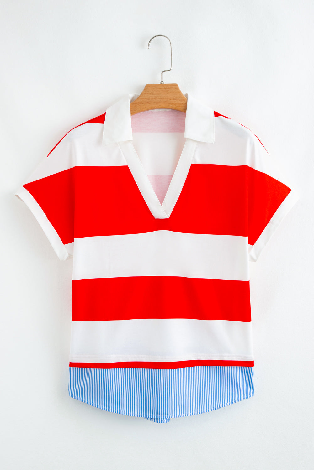 Red Stripe Collar V Neck Cuffed Dolman Short Sleeve Top-Tops/Blouses & Shirts-[Adult]-[Female]-2022 Online Blue Zone Planet