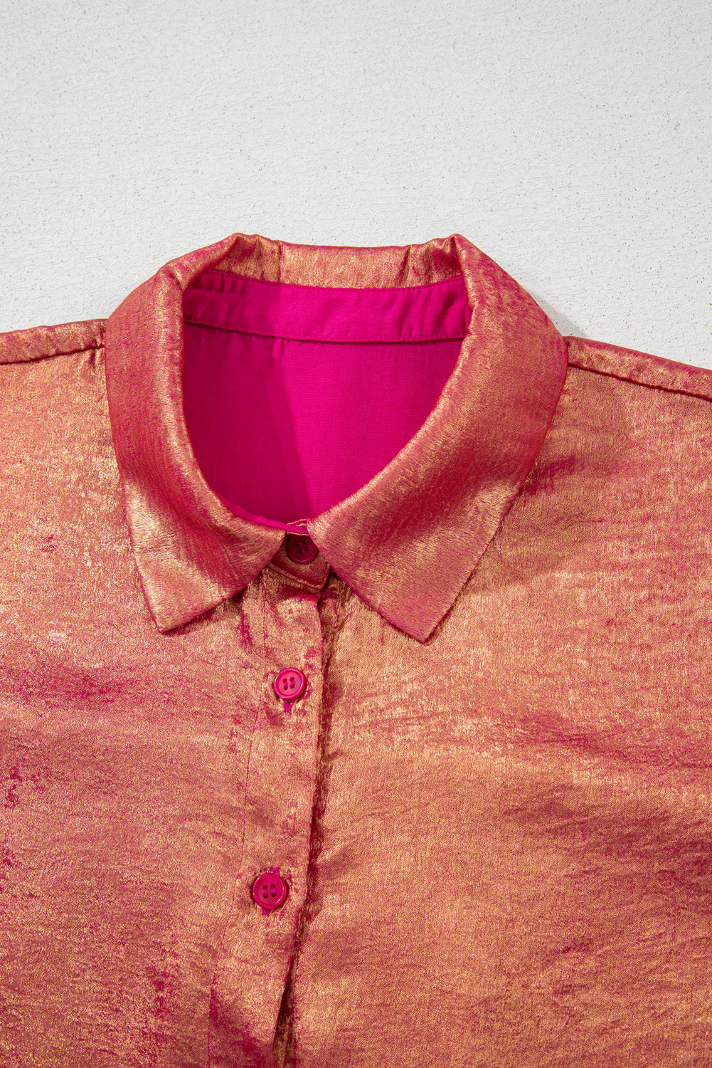 Rose Red Plus Size Metallic Sheen Short Sleeve Button Up Shirt-Plus Size/Plus Size Tops/Plus Size Blouses & Shirts-[Adult]-[Female]-2022 Online Blue Zone Planet