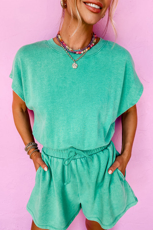Sea Green Mineral Wash Drawstring Waist Hollow Out Back Short Sleeve Romper-Bottoms/Jumpsuits & Rompers-[Adult]-[Female]-Sea Green-S-2022 Online Blue Zone Planet