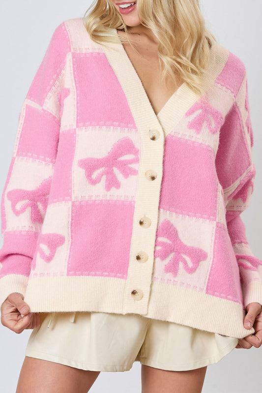 Blue Zone Planet | Pink Bowknot Checkered Pattern V Neck Drop Shoulder Button Up Cardigan-Sweaters & Cardigans/Cardigans-[Adult]-[Female]-Pink-S-2022 Online Blue Zone Planet