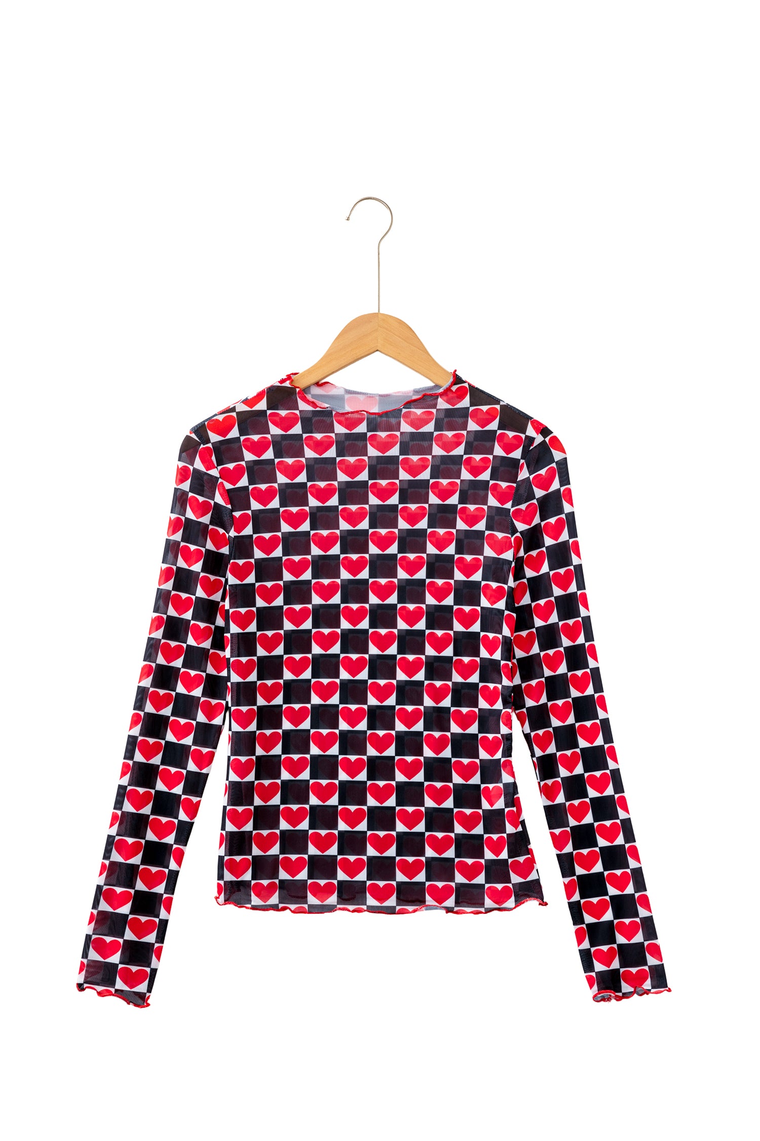 Rose Plaid Heart Mesh Sheer Long Sleeve High Neck Blouse-Tops/Long Sleeve Tops-[Adult]-[Female]-2022 Online Blue Zone Planet