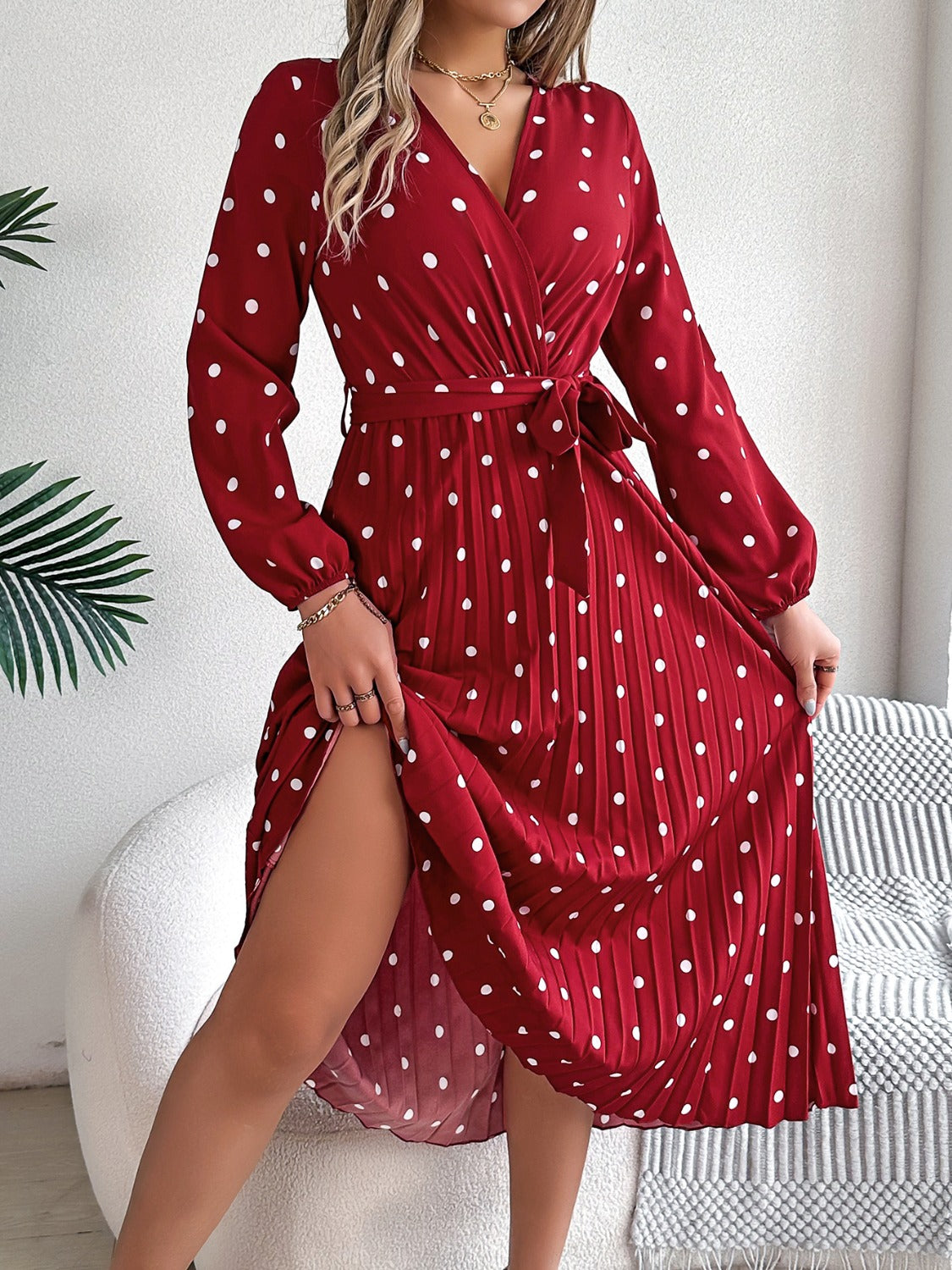 Blue Zone Planet | Tied Polka Dot Long Sleeve Midi Dress-TOPS / DRESSES-[Adult]-[Female]-2022 Online Blue Zone Planet