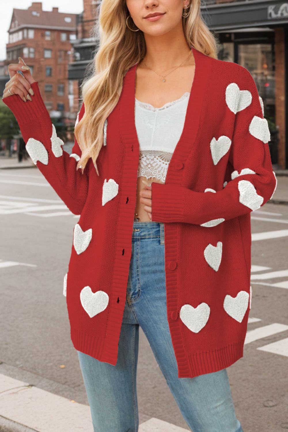 Blue Zone Planet | Heart Button Down Long Sleeve Cardigan-TOPS / DRESSES-[Adult]-[Female]-2022 Online Blue Zone Planet