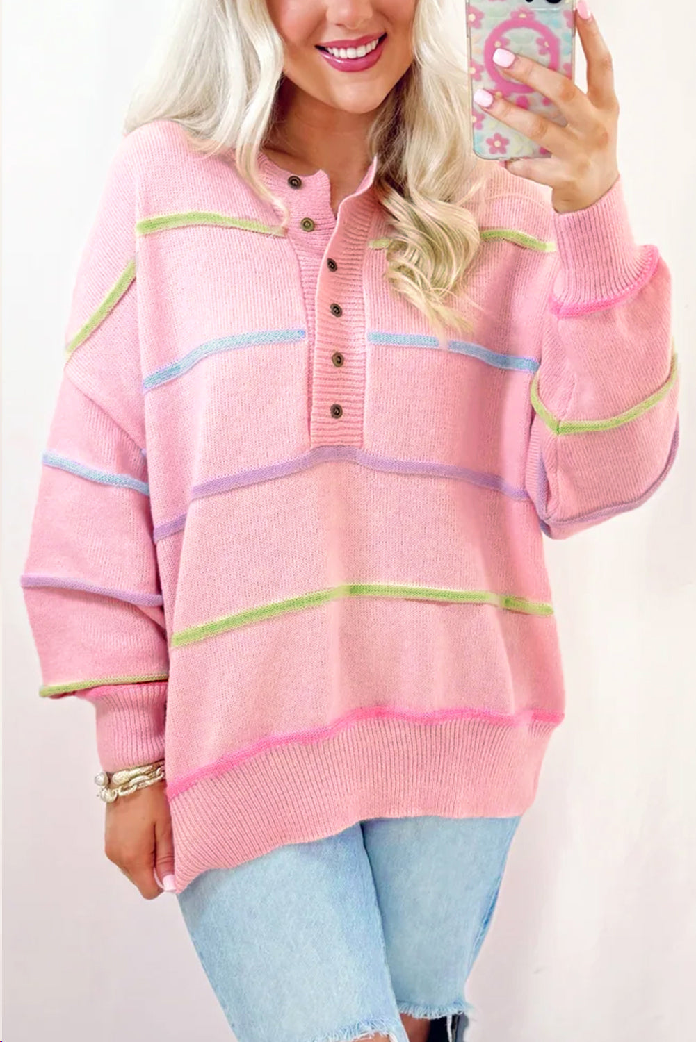 White Rainbow Stripes Drop Shoulder Baggy Henley Sweater-Sweaters & Cardigans/Sweaters-[Adult]-[Female]-Pink-S-2022 Online Blue Zone Planet