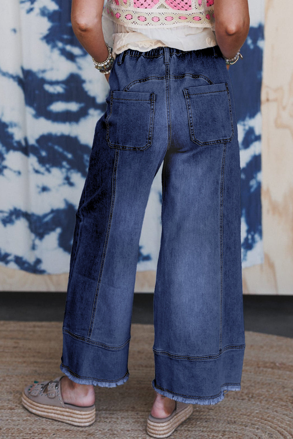 Prussian Blue Drawstring Seam Detail Raw Hem Wide Leg Denim Pants-Bottoms/Jeans-[Adult]-[Female]-2022 Online Blue Zone Planet