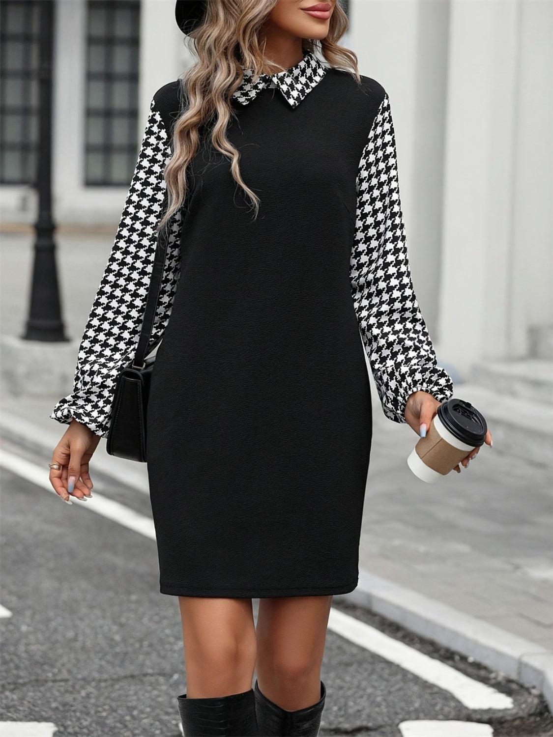 Houndstooth Collared Neck Long Sleeve Mini Dress-TOPS / DRESSES-[Adult]-[Female]-2022 Online Blue Zone Planet