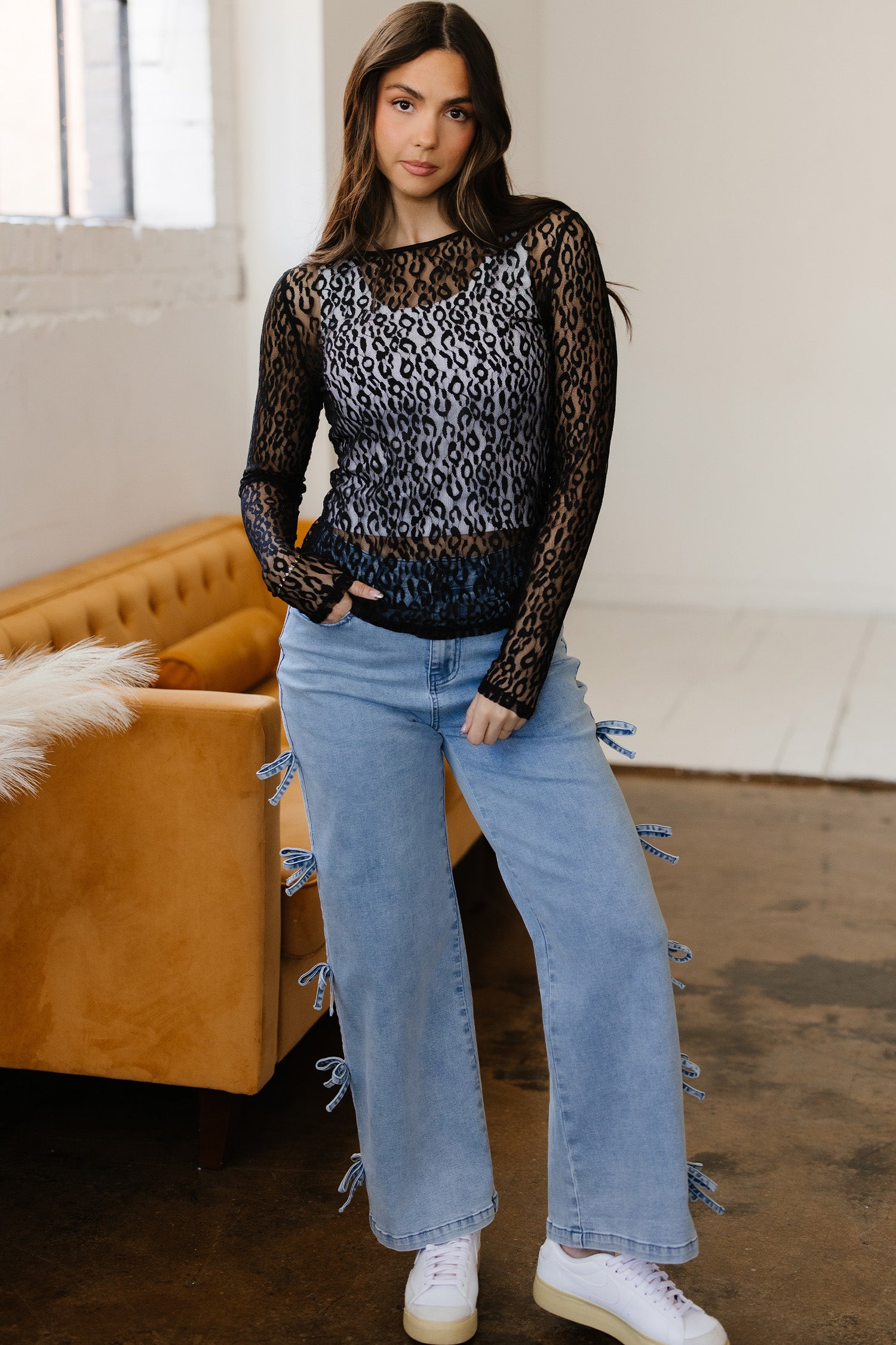 Black Leopard Pattern Sheer Mesh Long Sleeve Top-Tops/Long Sleeve Tops-[Adult]-[Female]-2022 Online Blue Zone Planet