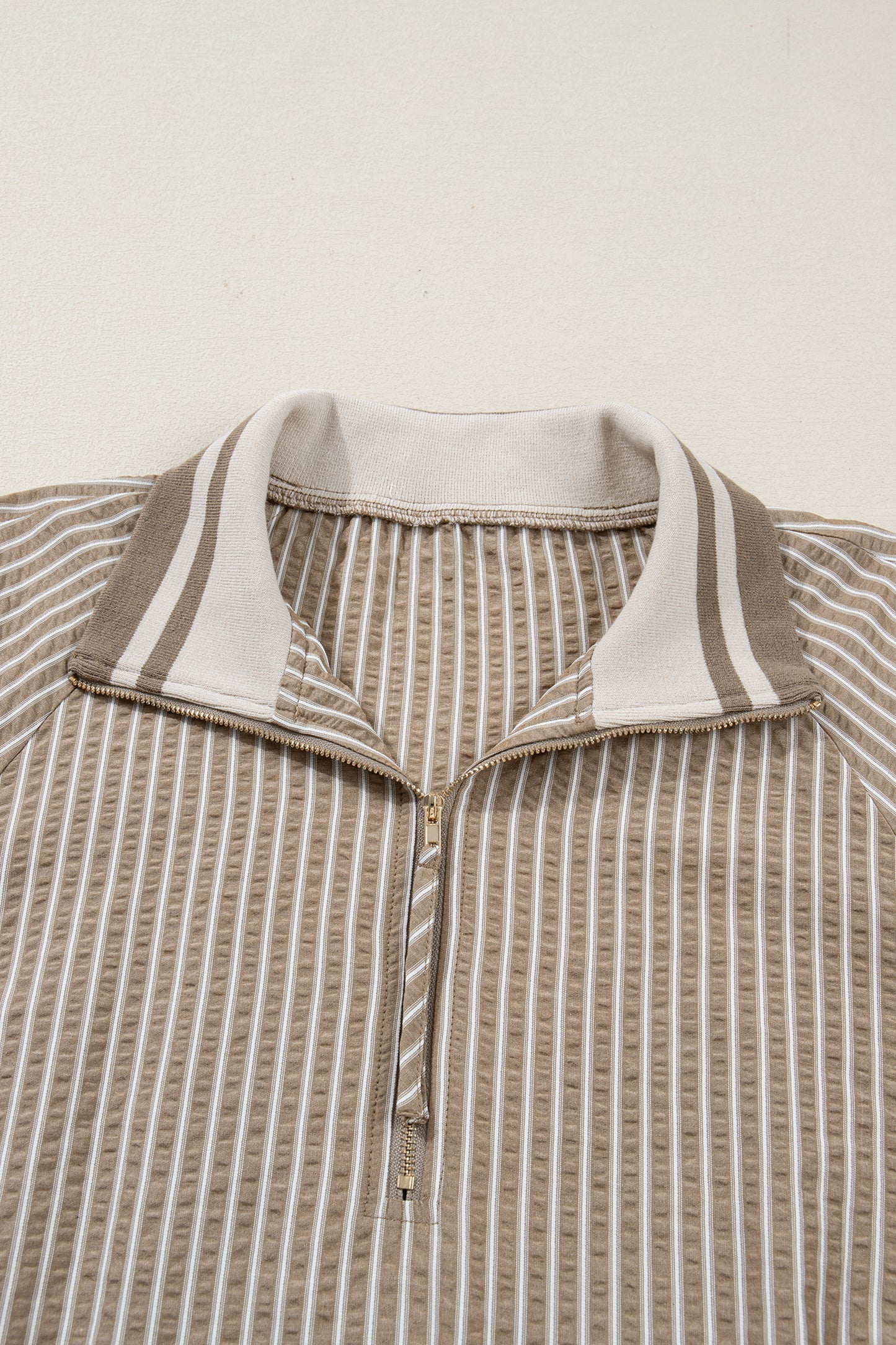 Khaki Stripe Zip up Collared Puff Sleeve Ruffled Plus Size Mini Dress