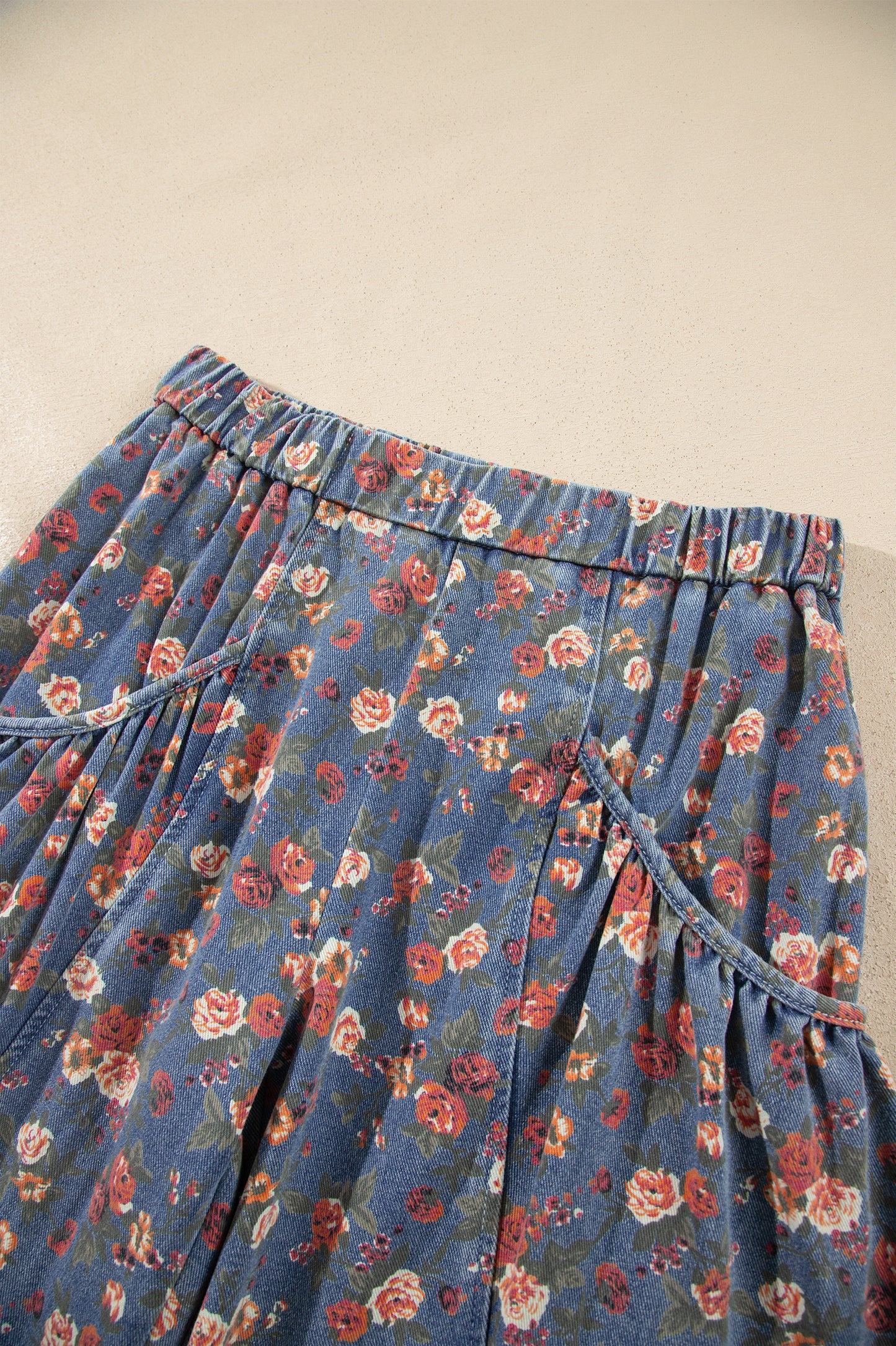 Beau Blue Retro Floral Print Elastic Waist Pocketed Barrel Jeans-Bottoms/Jeans-[Adult]-[Female]-2022 Online Blue Zone Planet