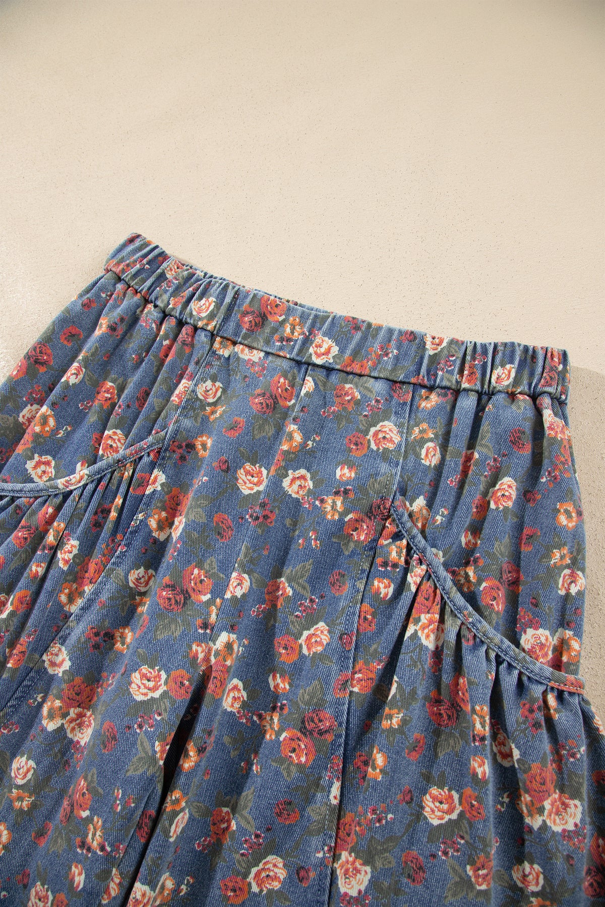 Beau Blue Retro Floral Print Elastic Waist Pocketed Barrel Jeans-Bottoms/Jeans-[Adult]-[Female]-2022 Online Blue Zone Planet