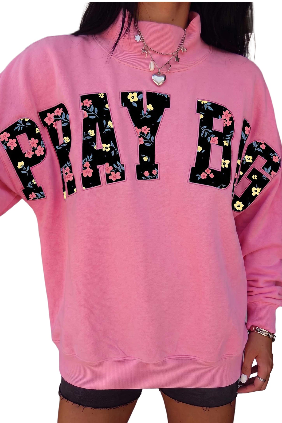 Pink PRAY BIG Embroidered Patch Graphic Mock Neck Sweatshirt-Tops/Sweatshirts & Hoodies-[Adult]-[Female]-2022 Online Blue Zone Planet